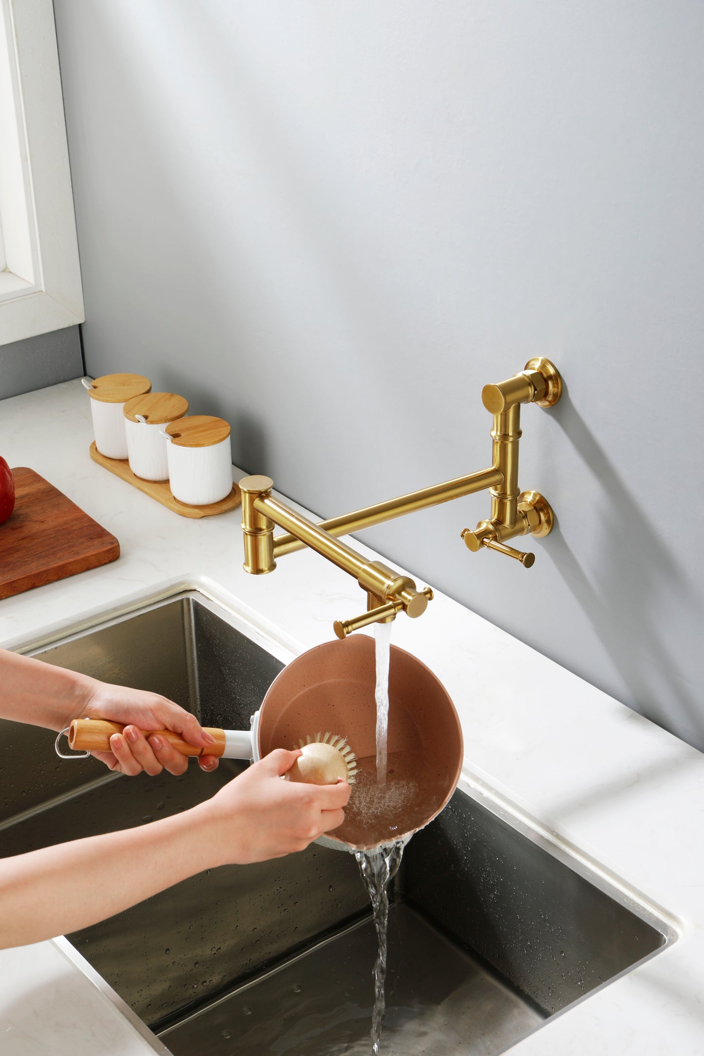 Pot Filler Faucet Wall Mount Pot Filler Faucet, Modern Brass Pot Filler Two-Attachment Wall Mount
 Folding Kitchen Pot Filler Swing Arm