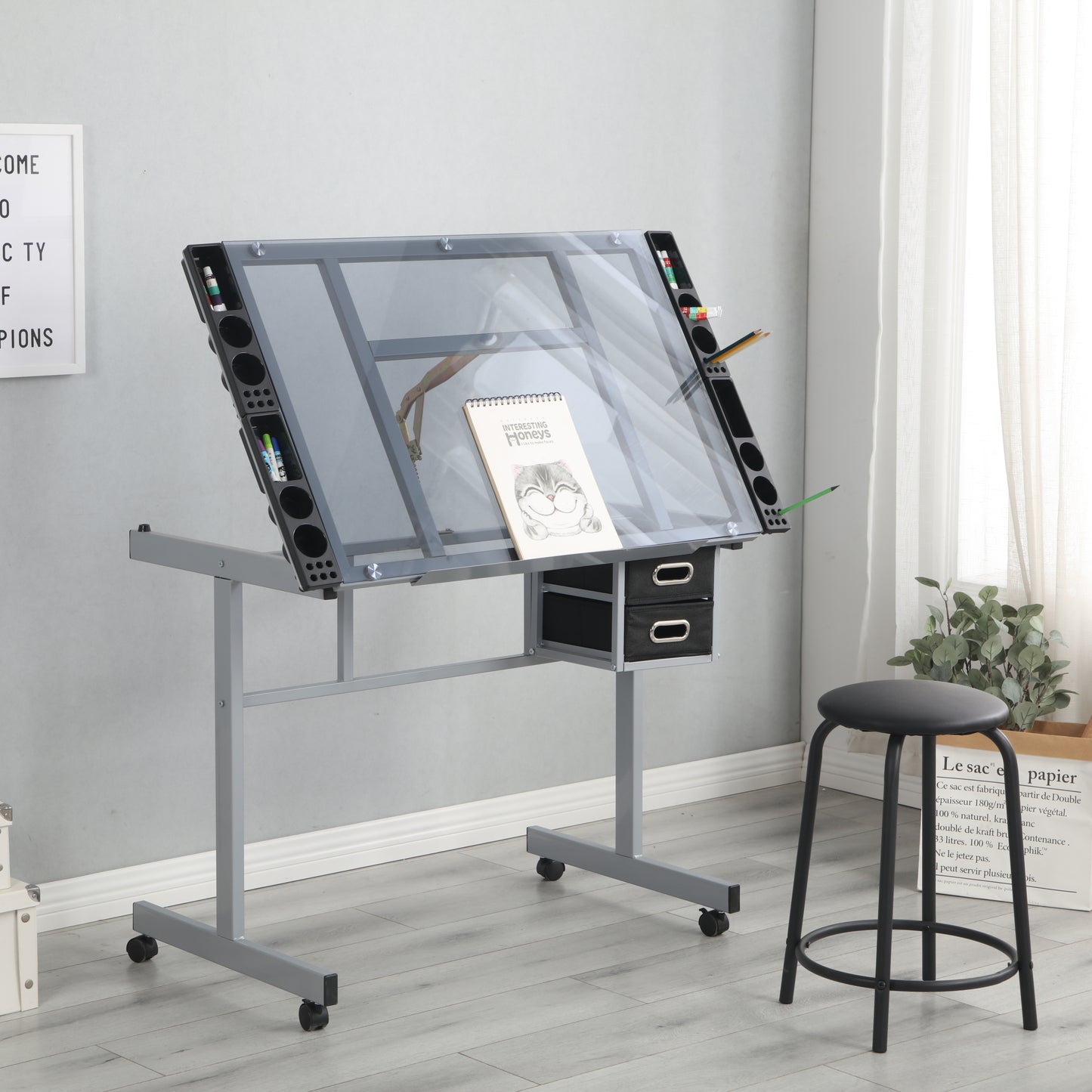 Adjustable Drafting Table with Glass Top and Storage Drawers