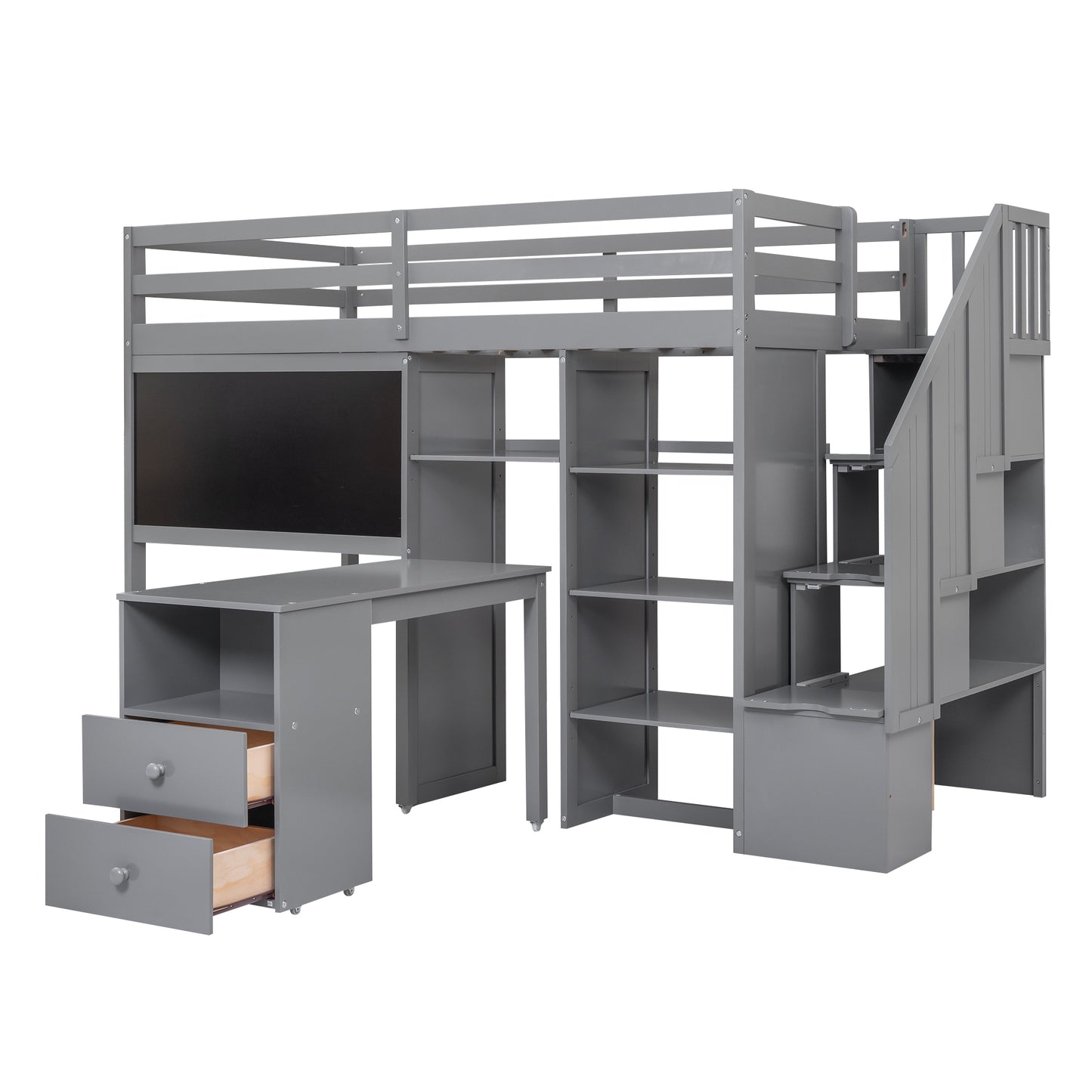 Twin Size Loft Bed with Pullable Desk and Storage Shelves,Staircase and Blackboard,Gray