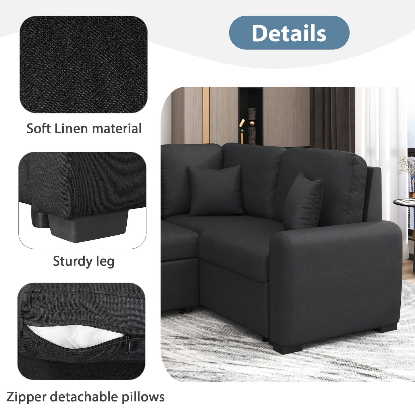 Sleeper Sectional Sofa with USB Charging Port and Plug Outlet, Pull-Out Bed with 3 Pillows, L-Shape Chaise for Small Living Spaces, Black