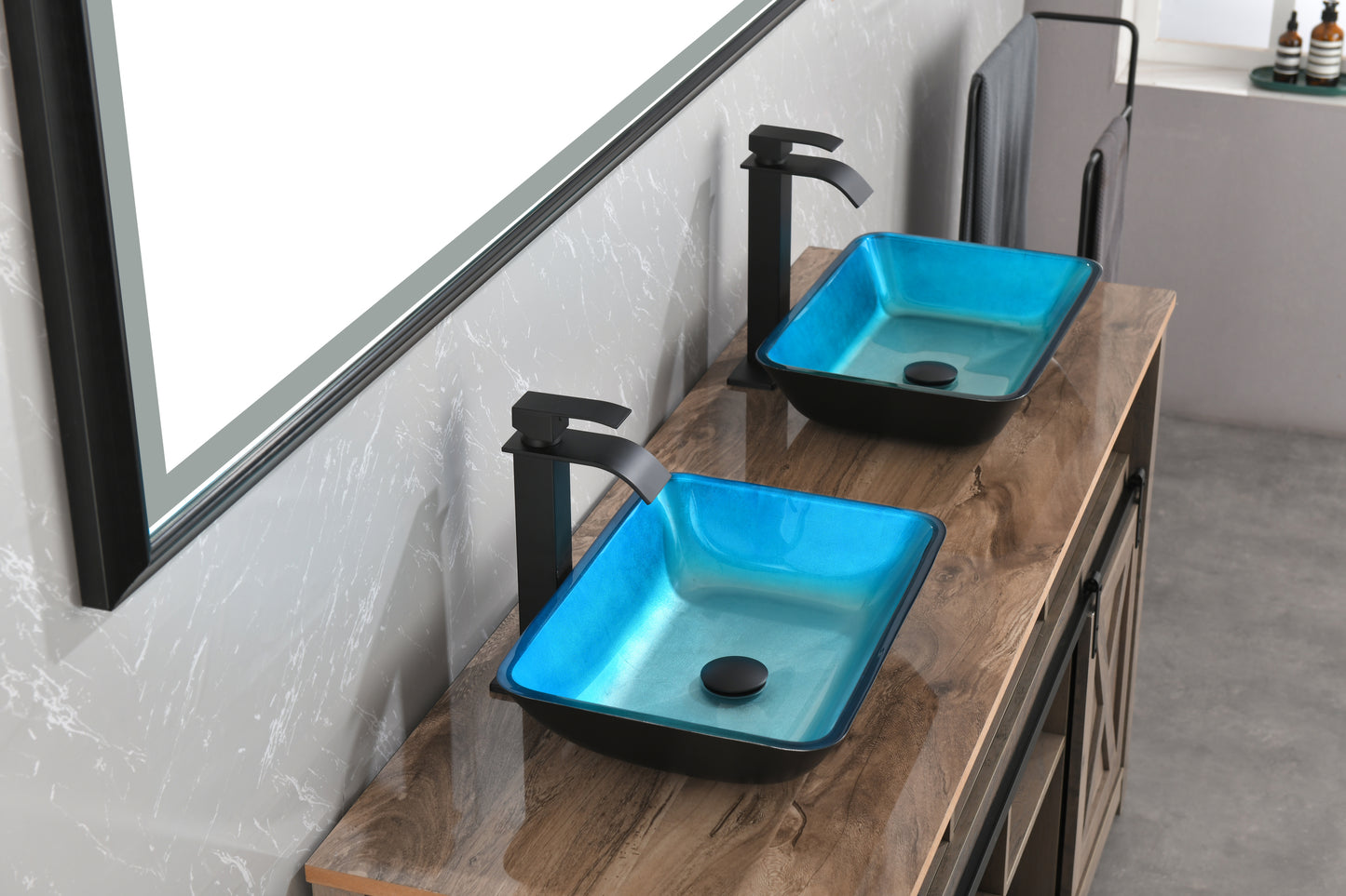 Handcrafted Turquoise Glass Vessel Sink Set with Matte Black Faucet