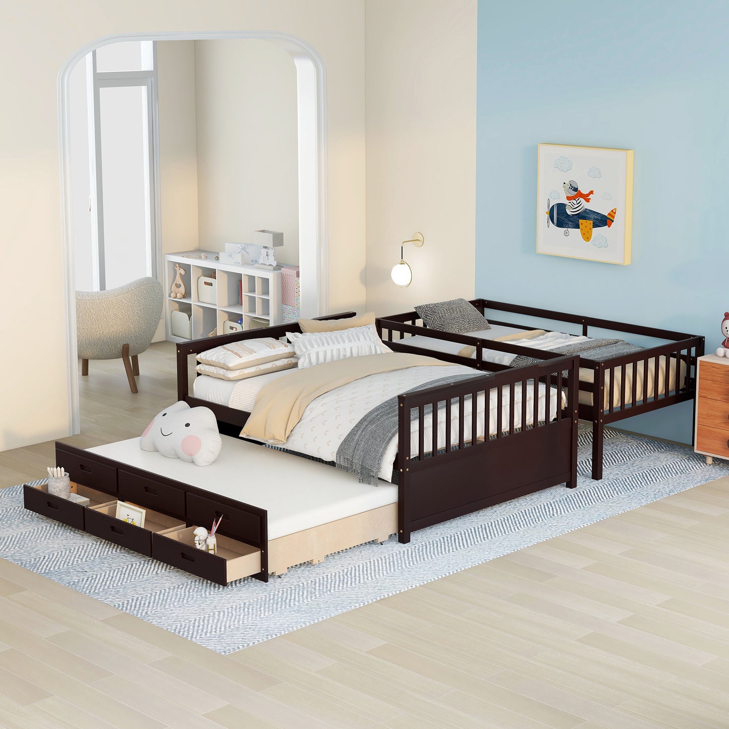 Rustic Three-Bedroom Bunk Bed with Trundle and Drawers - Espresso