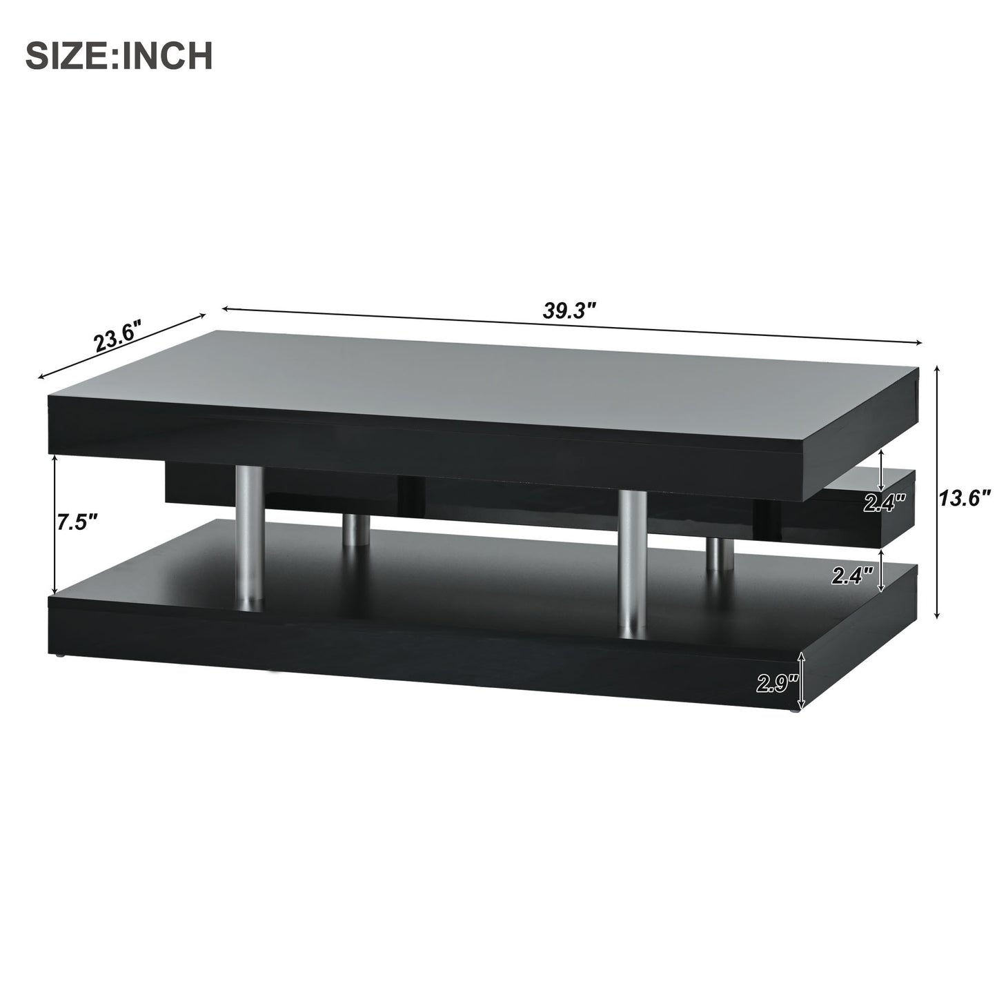 Black Contemporary 2-Tier Coffee Table with Sleek Metal Legs and High-Gloss UV Surface