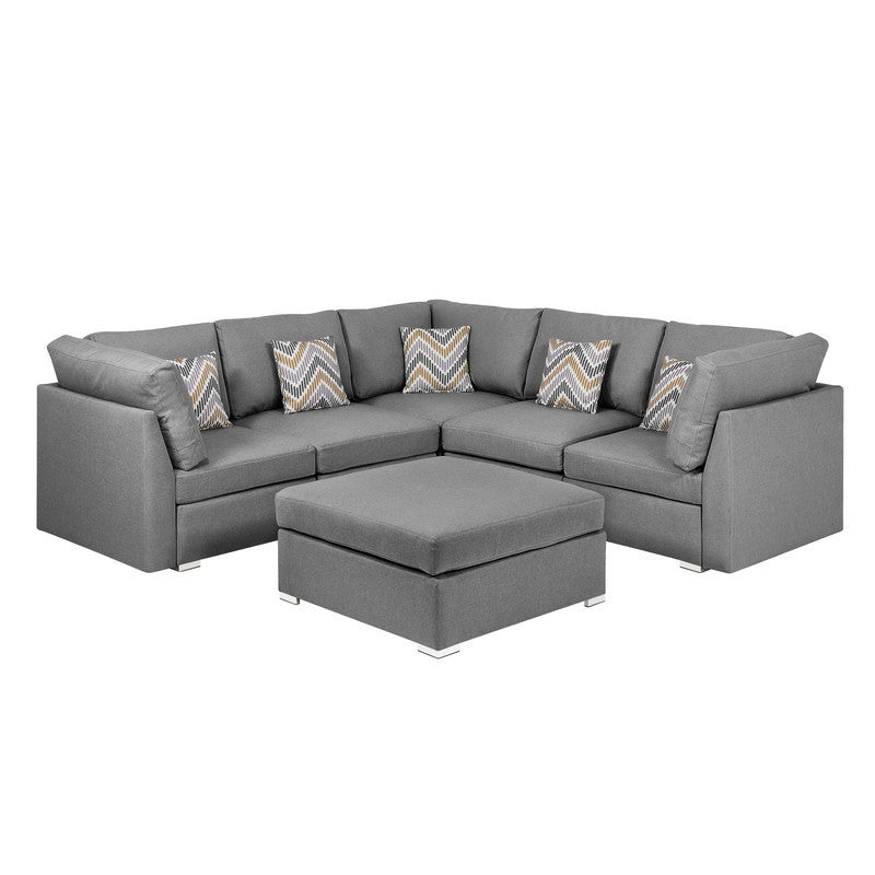 Gray Fabric Reversible Sectional Sofa Set with Ottoman and Pillows