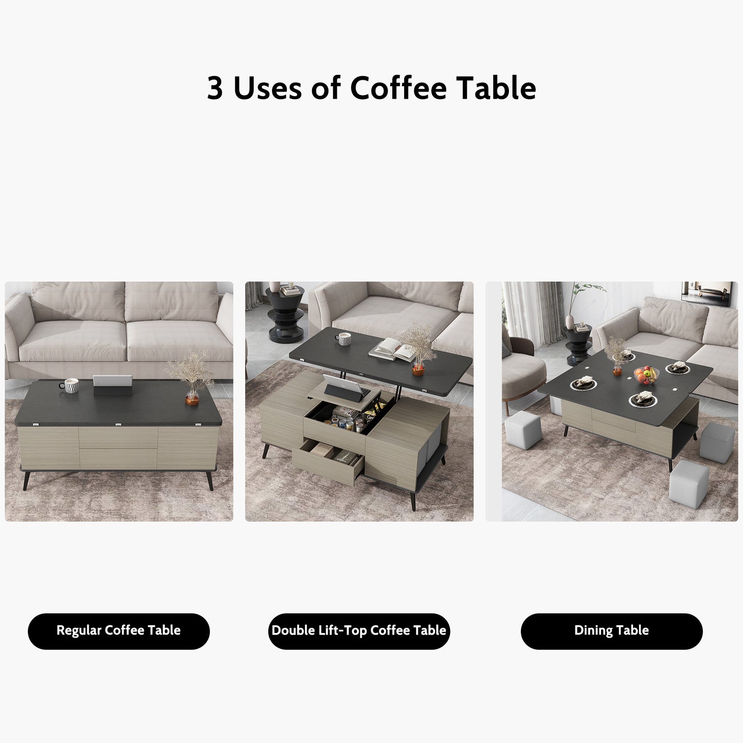 5-Piece Lift Top Coffee Table Set With Convertible Dining Table and Ottomans