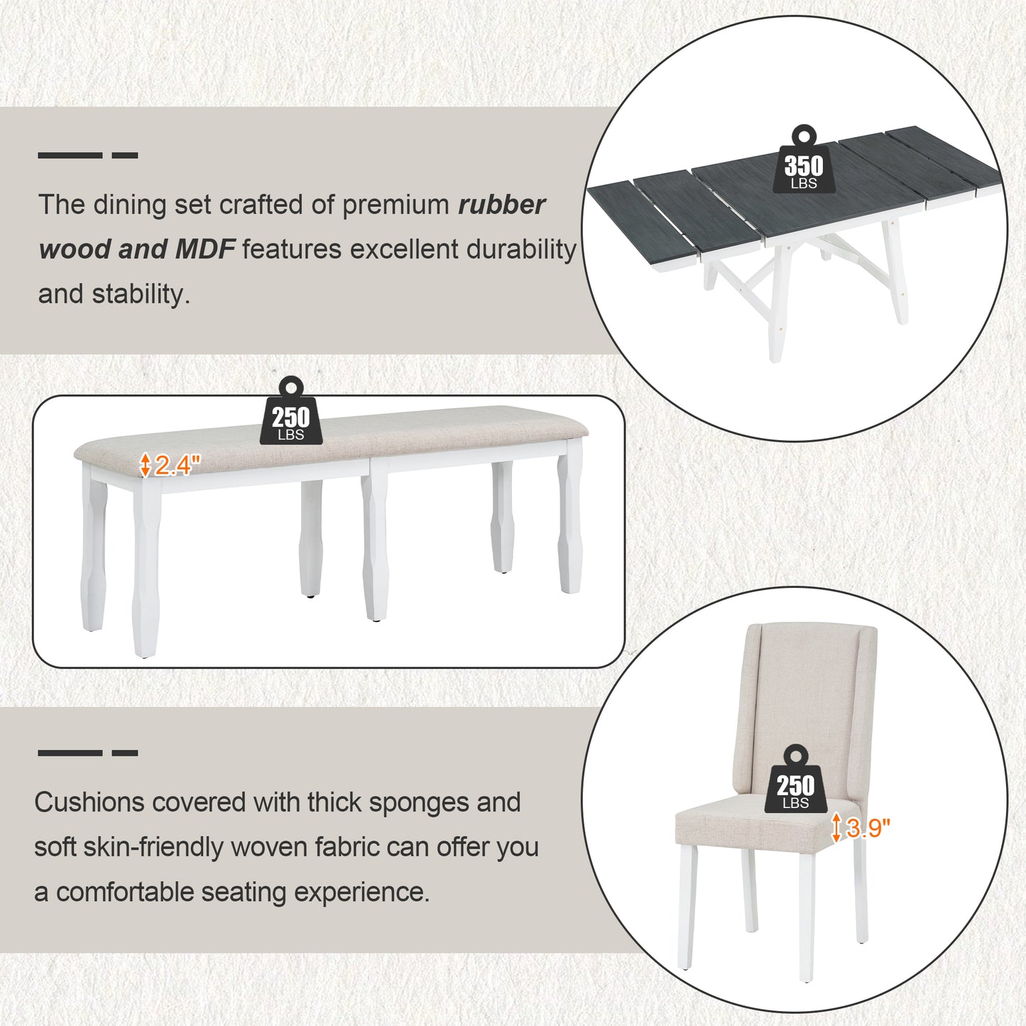 TREXM 6-Piece Classic Dining Table Set, Rectangular Extendable Dining Table with two 12"W Removable Leaves and 4 Upholstered Chairs & 1 Bench for Dining Room (Gray+White)