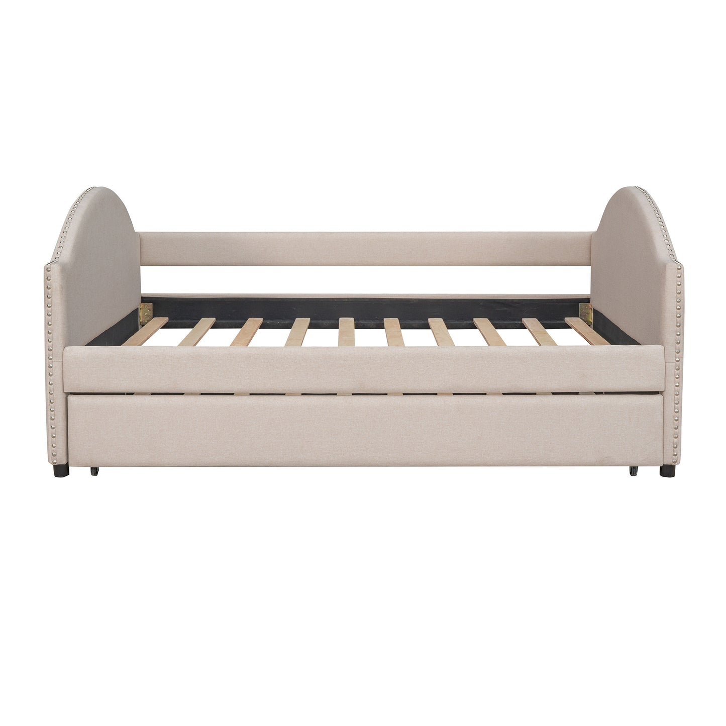 Full size Upholstered Daybed with Twin Size Trundle, Wood Slat Support, Beige