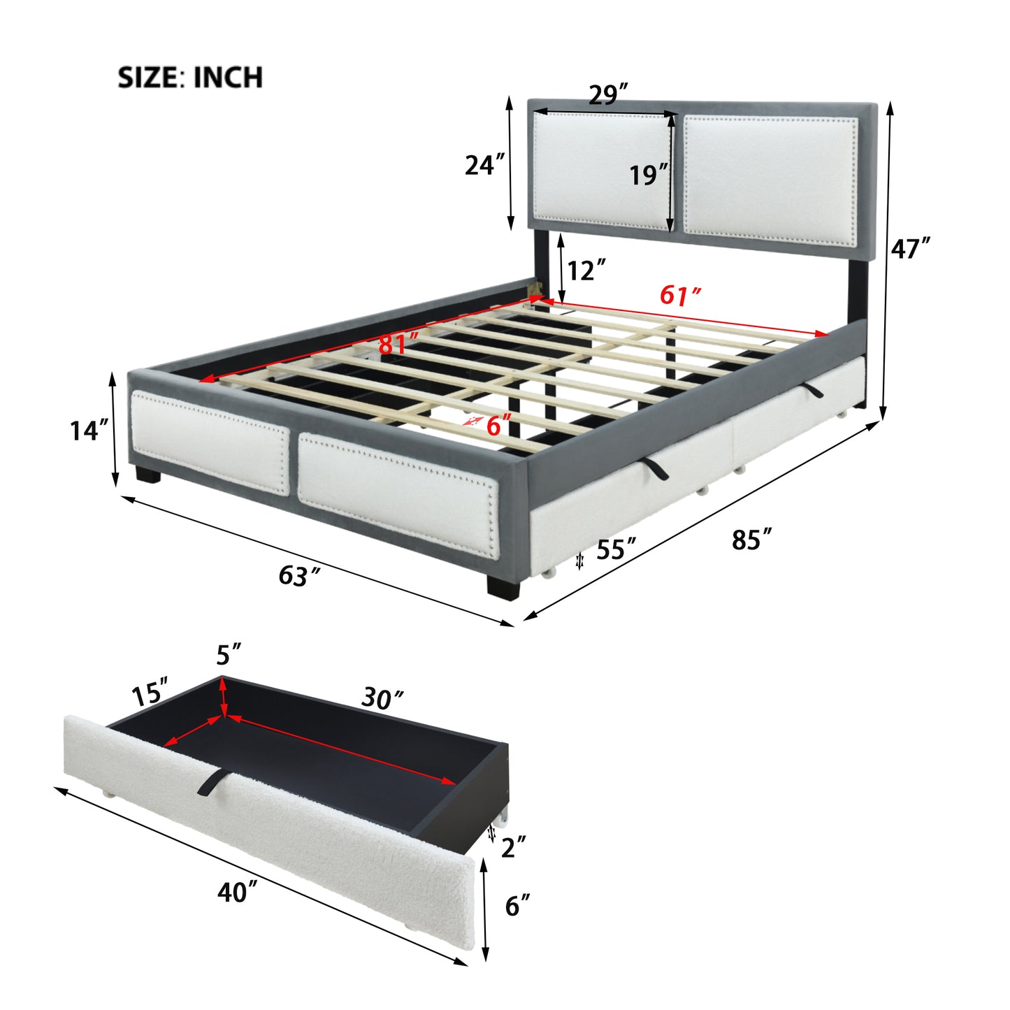 Queen Size Upholstered Platform Bed with Large Rivet-decorated Backrests and 4 Drawers, Velvet matched with Teddy Fleece, Gray+White