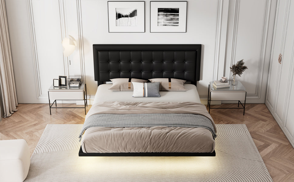 Queen Size Floating Bed Frame with Motion Activated Night Lights,Modern PU Upholstered Button Tufted Platform Bed Frame,Black