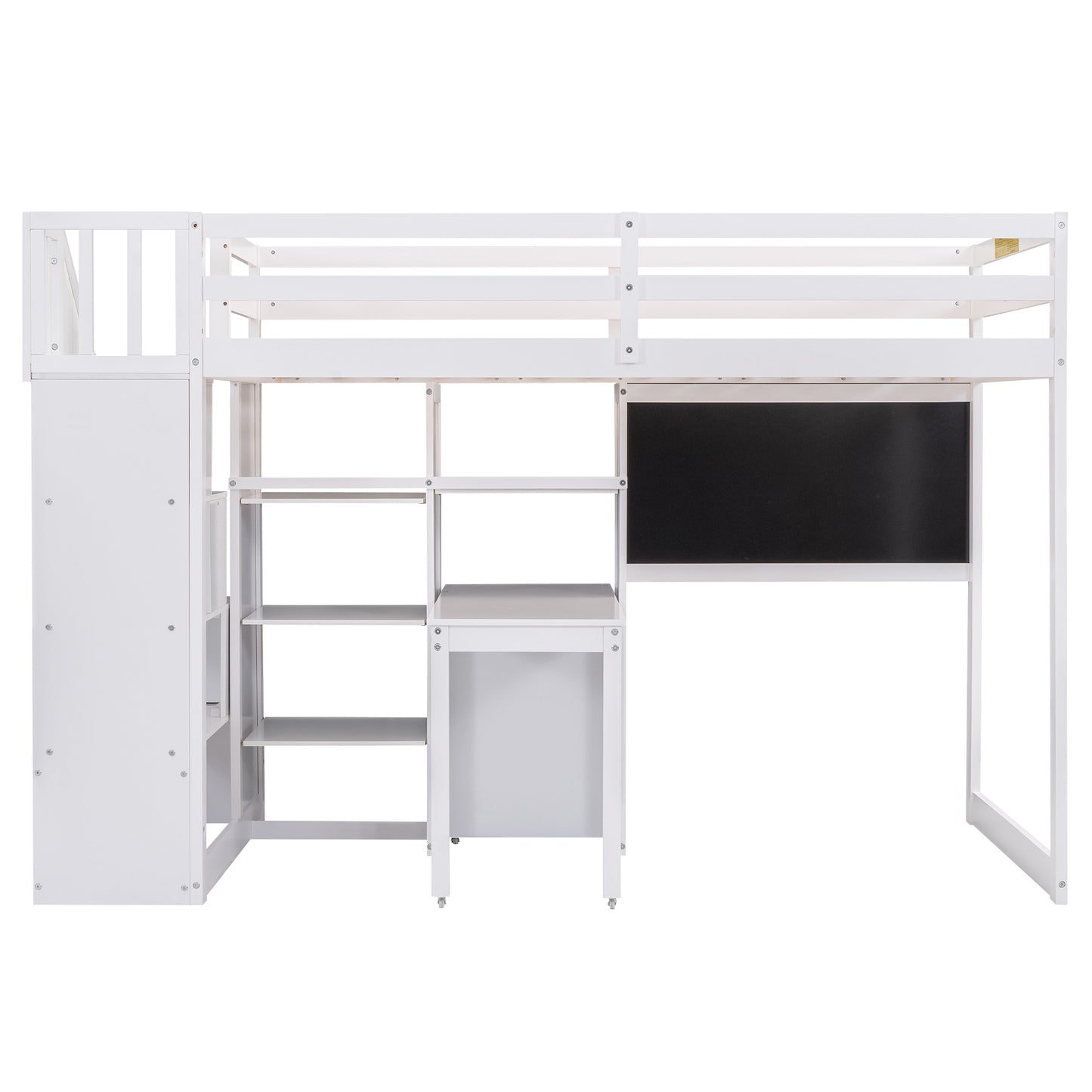 Twin Size Loft Bed with Pullable Desk and Storage Shelves,Staircase and Blackboard,White