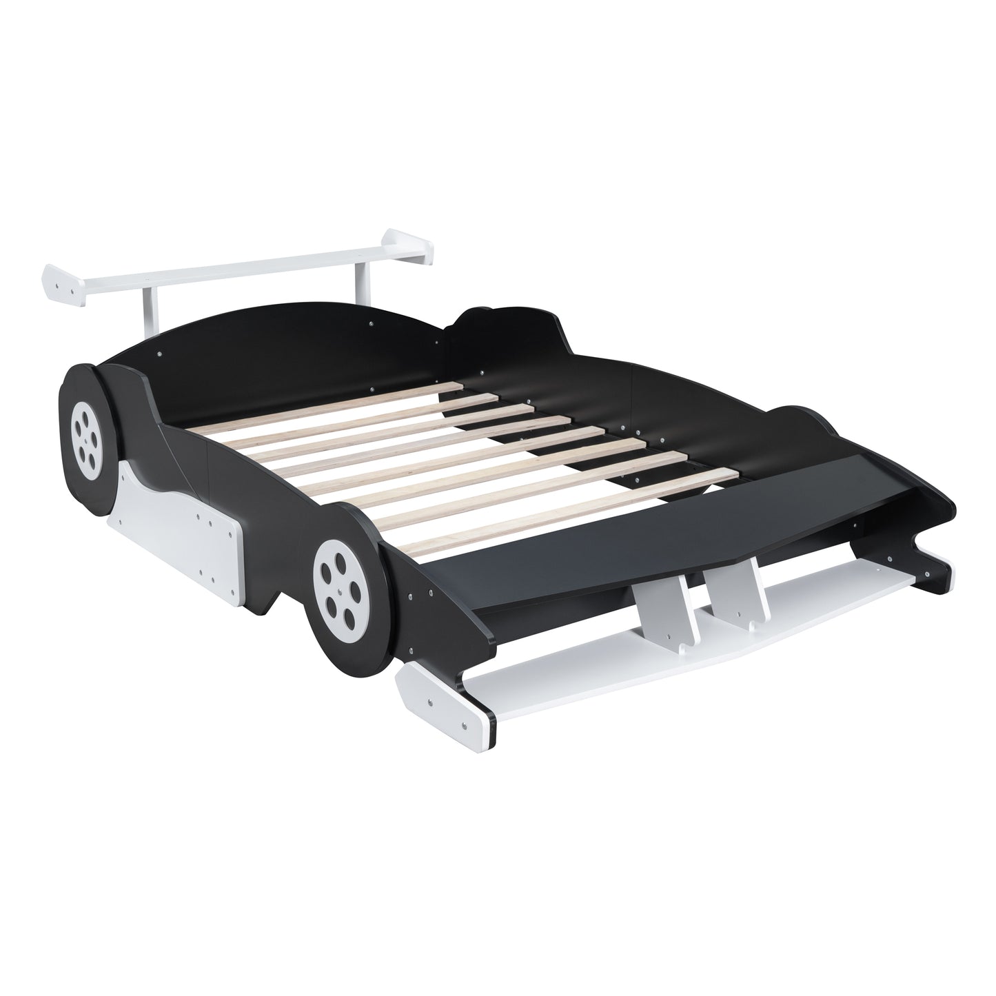 Full Size Race Car-Shaped Platform Bed with Wheels,Black