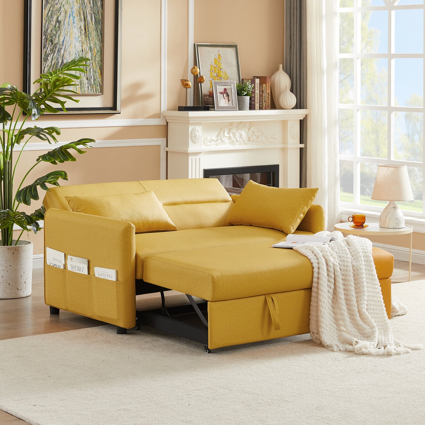 Convertible Yellow Cloth Grain Leather Leisure Sofa Bed