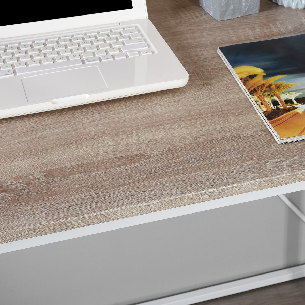 Minimalist Industrial Writing Desk with White and Oak Finish, Versatile Study Table