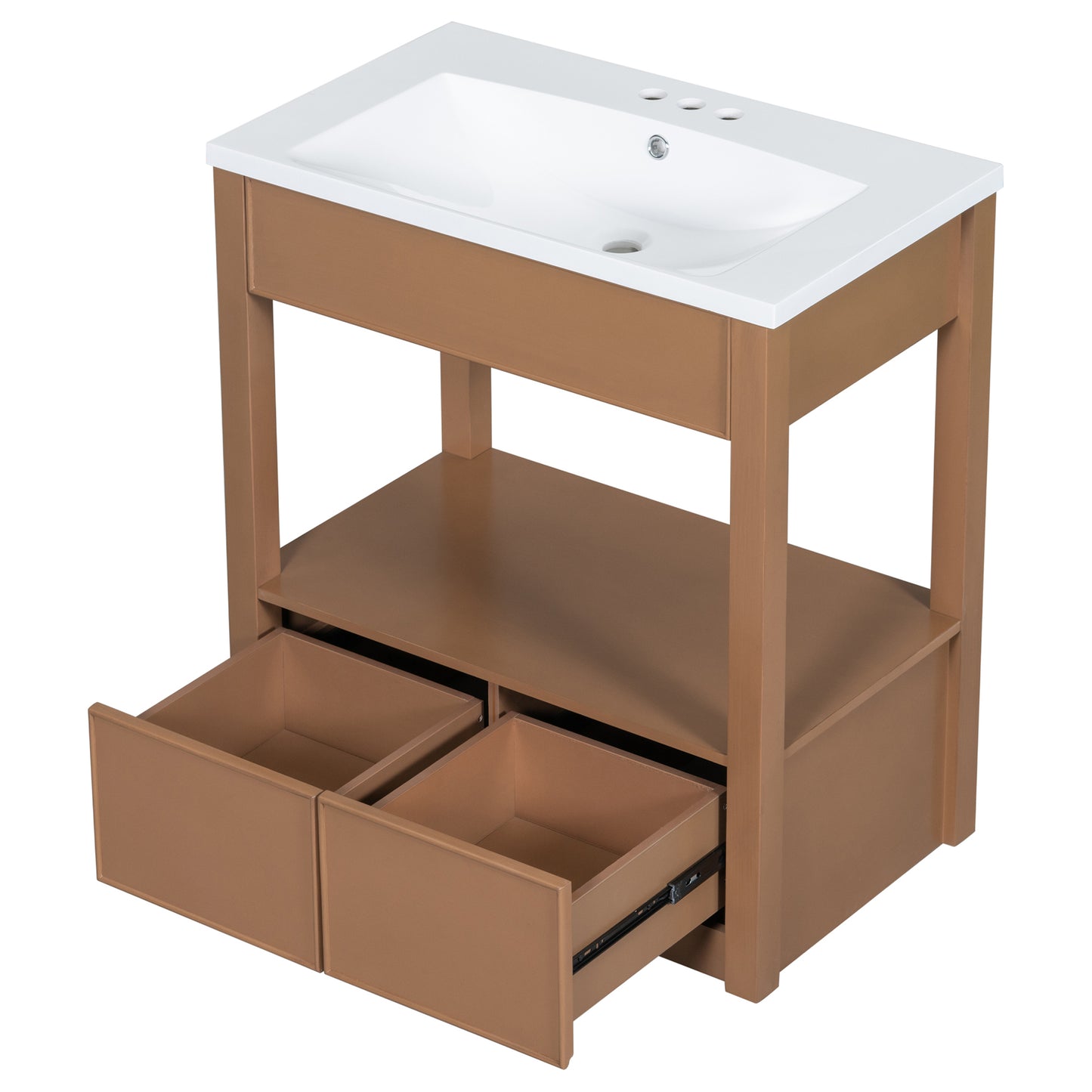 30" Bathroom Vanity with Sink Top, Bathroom Cabinet with Open Storage Shelf and Two Drawers, Brown