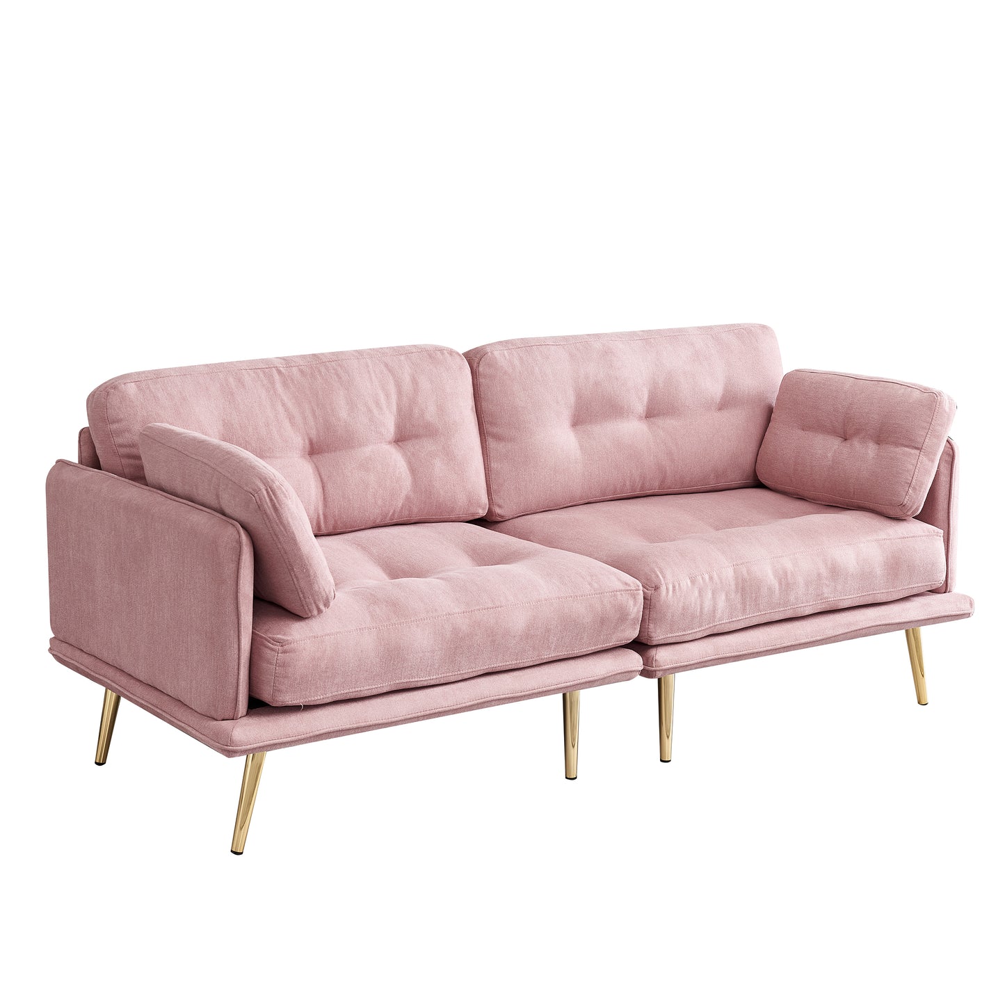 3-Seat Pink Linen Fabric Sofa with Gold Metal Legs