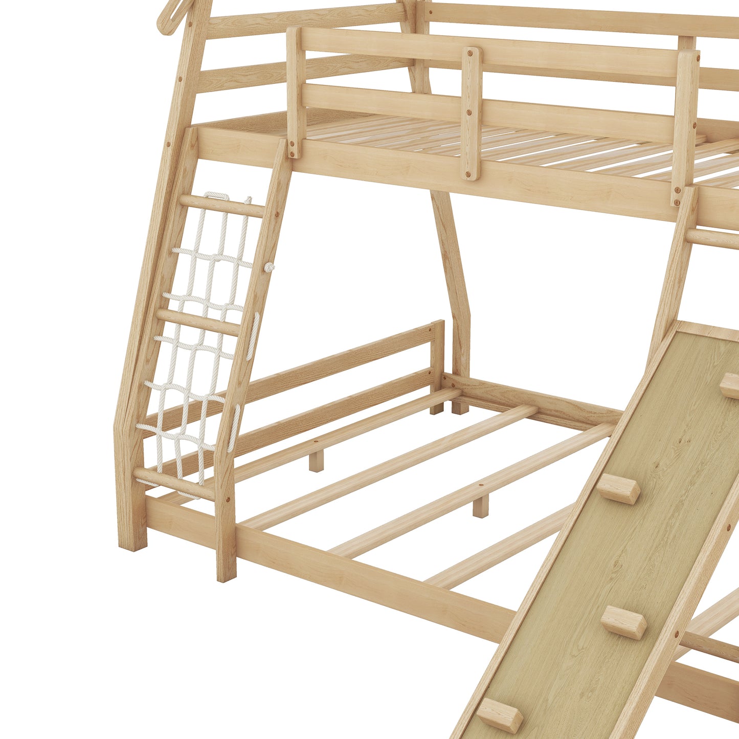 House Bunk Bed with Climbing Nets and Climbing Ramp for Twin and Queen Size, Natural