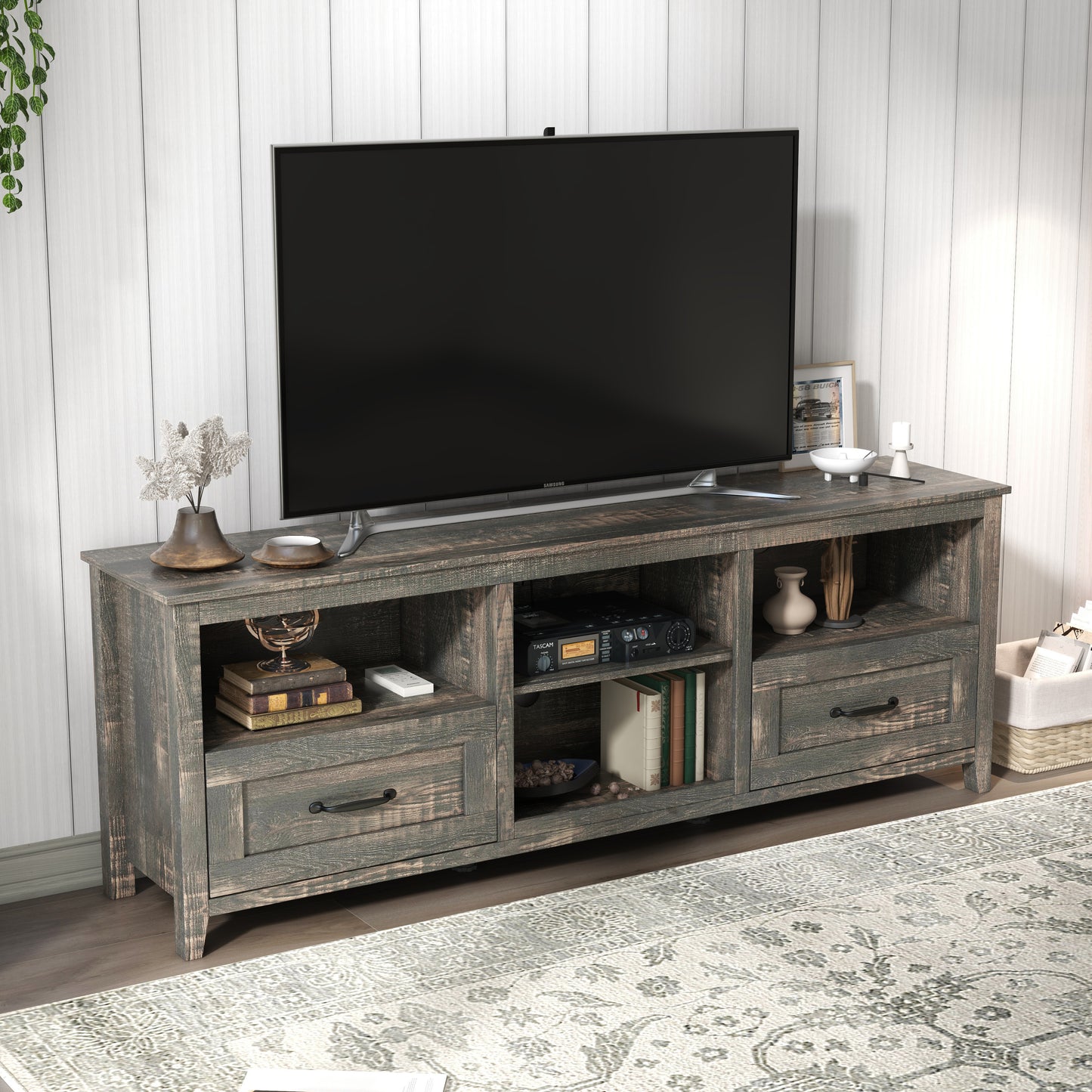 Black Pine TV Stand with 2 Drawers and Ample Storage Space for Living Room and Bedroom