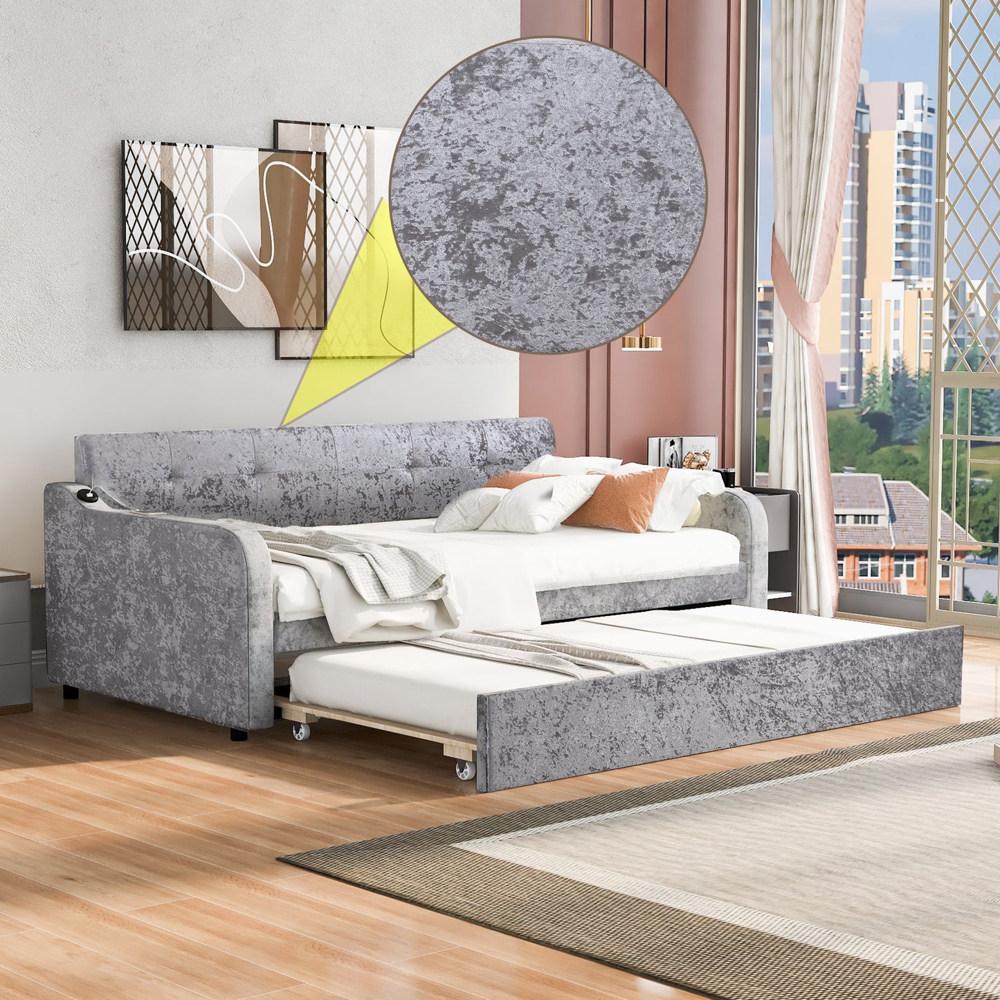 Twin Size Snowflake Velvet Daybed with Trundle and USB Charging Design,Gray