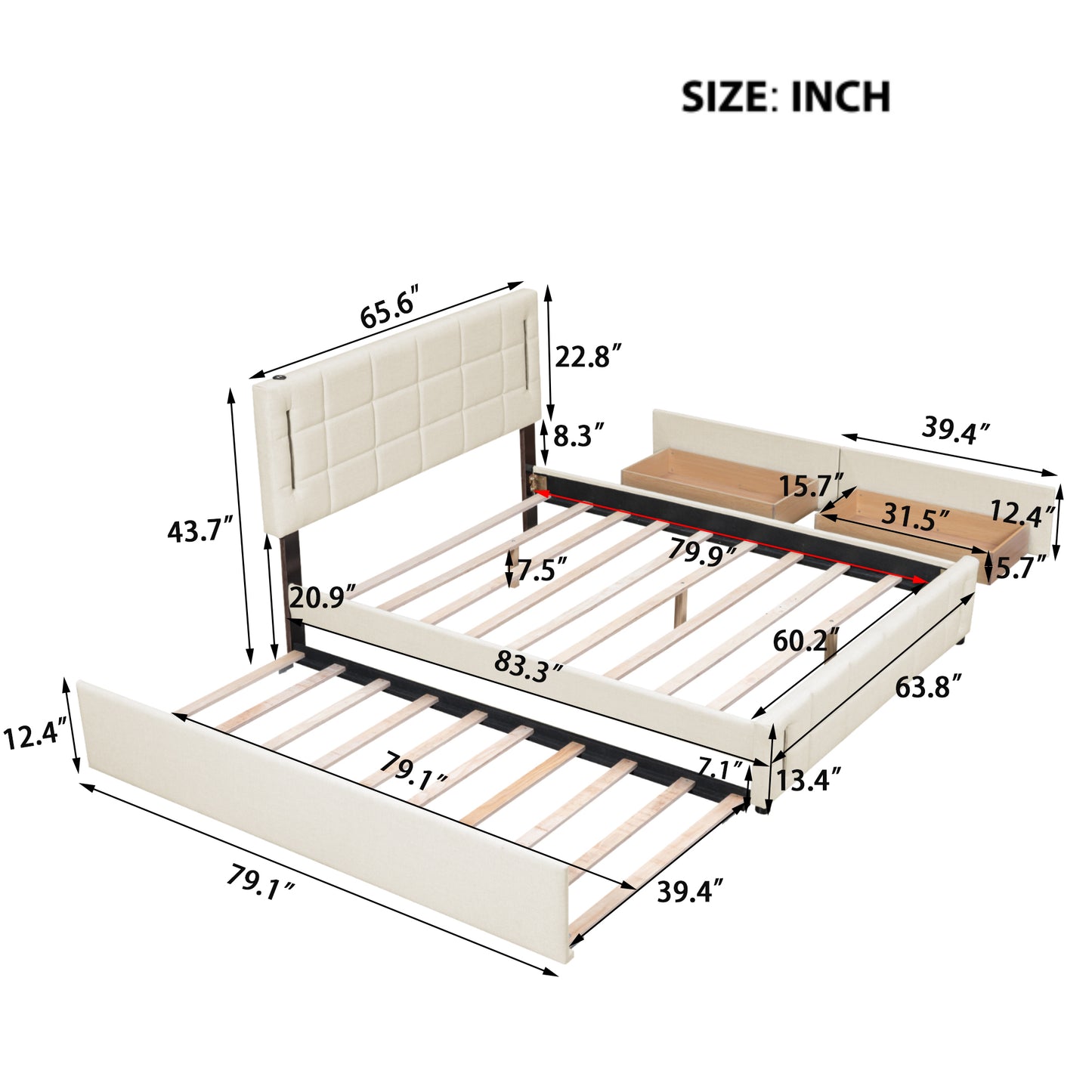 Queen Size Upholstered Platform Bed with Trundle and Drawers, Beige