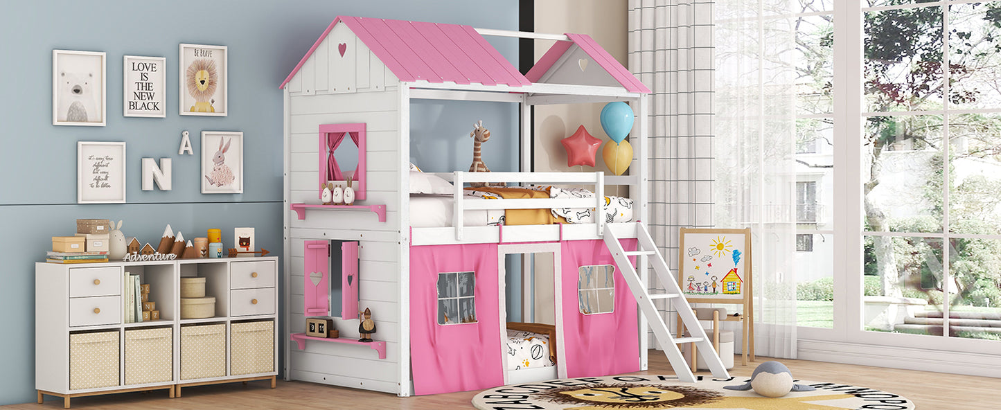 Twin Size Bunk Wood House Bed with Elegant Windows, Sills and Tent, Pink+White