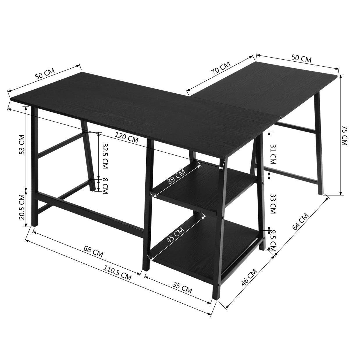 Black L-Shaped Corner Desk with Open Shelves, 43.5W X 27.6 D