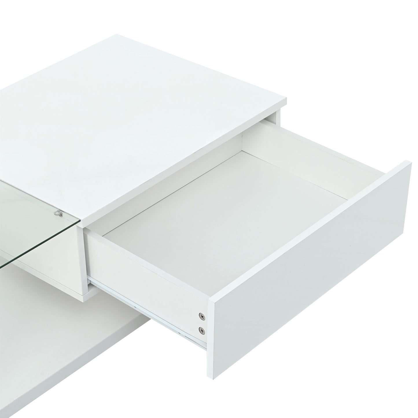 Contemporary White Coffee Table with Glass Top and High-Gloss Finish