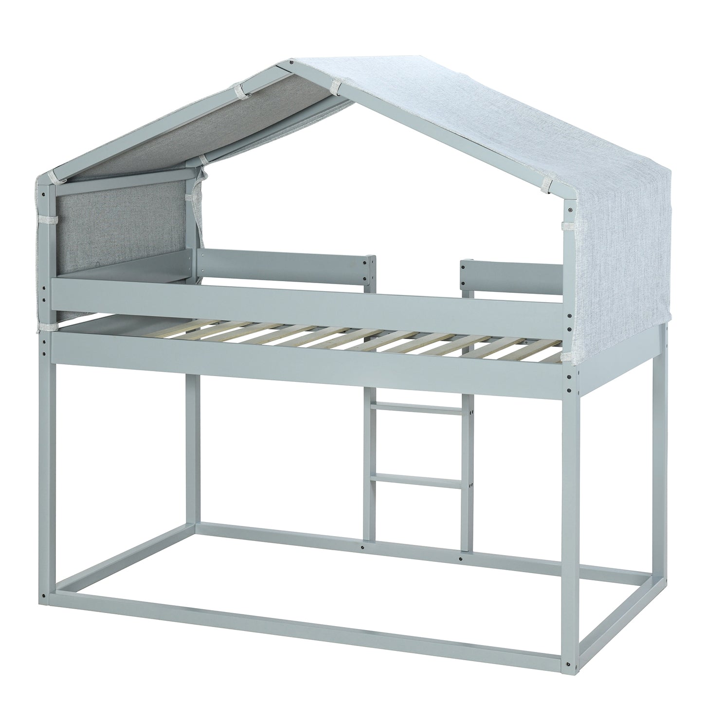 House-Shaped Twin Over Twin Bunk Bed with Tent in Gray Wood