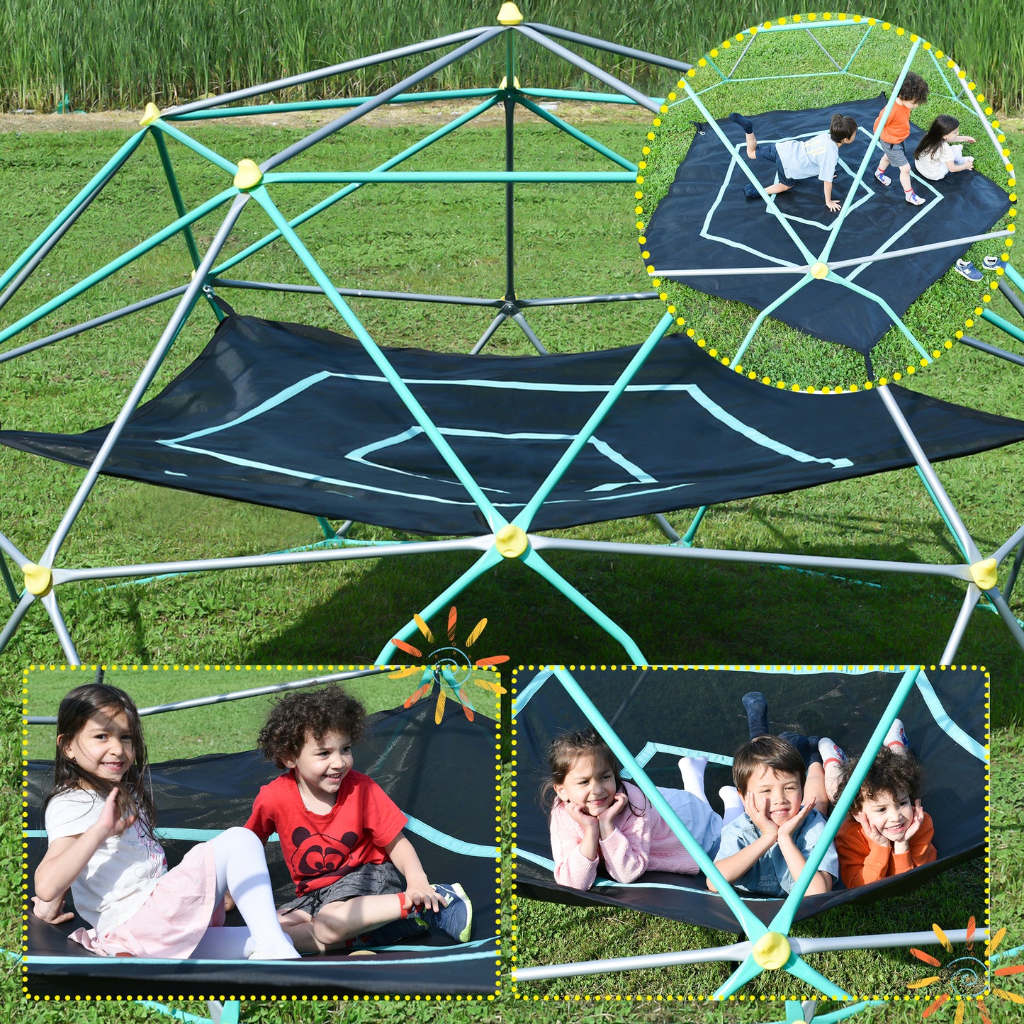 13ft Geometric Dome Climber Play Center with Hammock for Kids, Rust & UV Resistant Steel, Supporting 1000 LBS