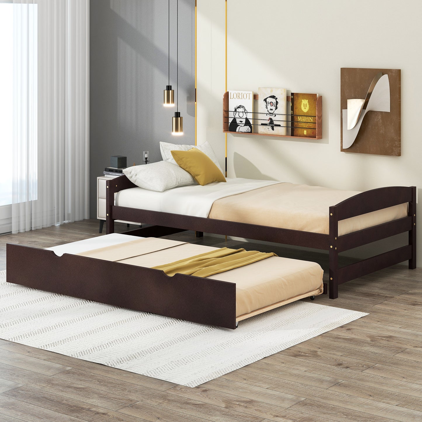 Twin Size Platform Bed with Twin Size Trundle, Espresso(Expected Arrival Time: 1.7)