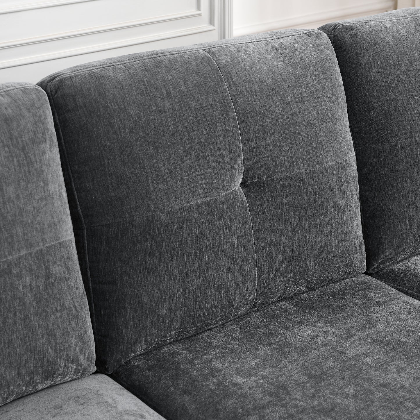 Convertible L-Shape Sectional Sofa with Removable Cushions and Ottoman, Dark Grey Chenille