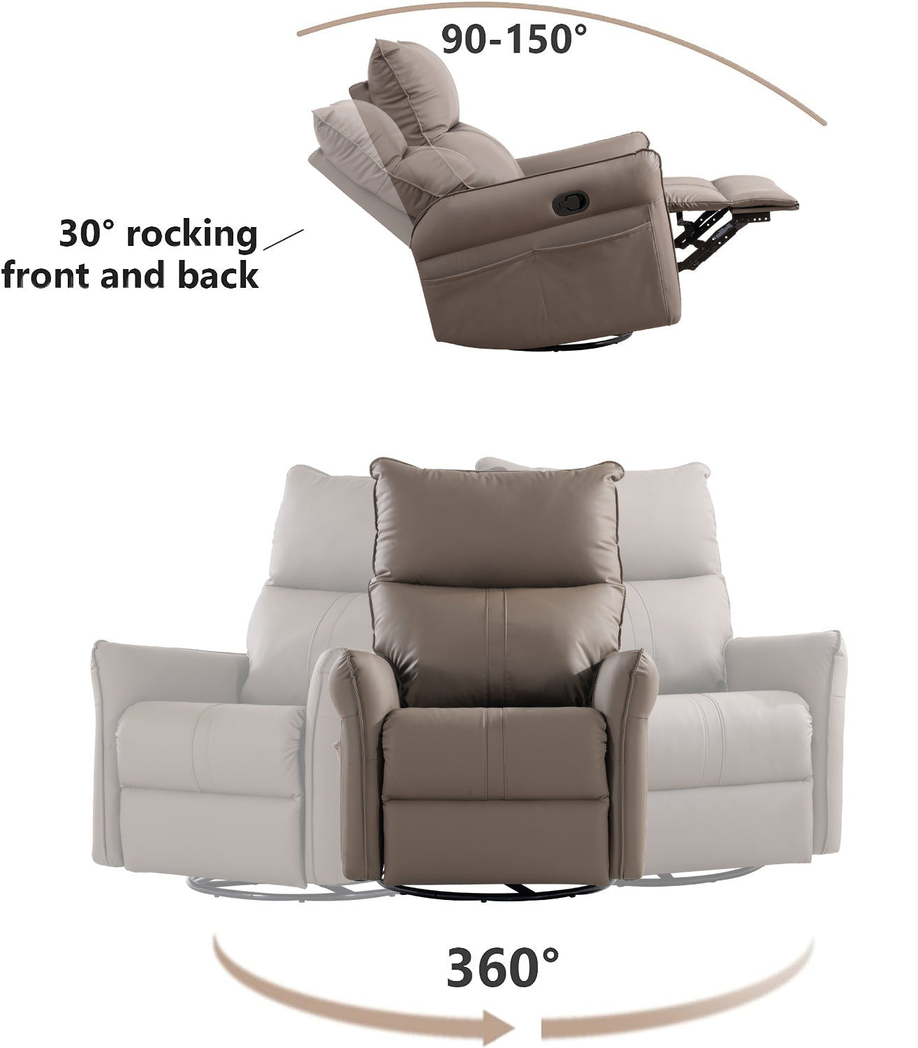 Brown PU Swivel Recliner Chair with Rocking Function