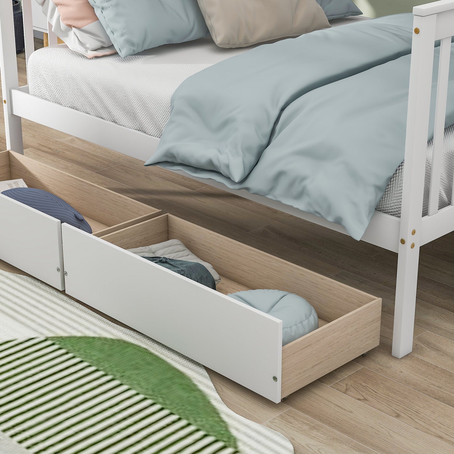 Convertible Twin Over Full Bunk Bed with Staircase and Drawers - White Wood Twin-Size Loft Bed