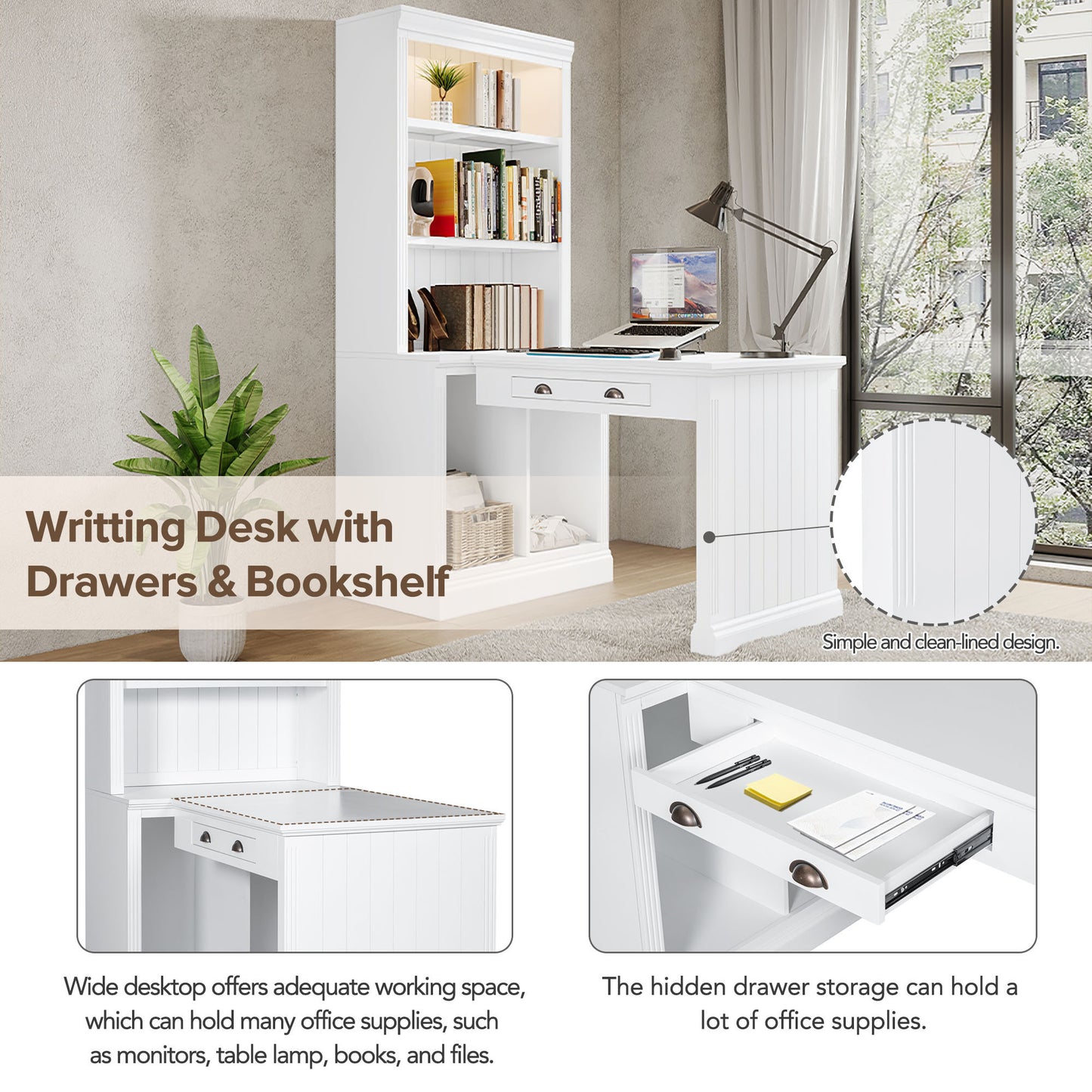 Modern White 83.4 Bookshelf and Writing Desk Suite with LED Lighting and Drawers