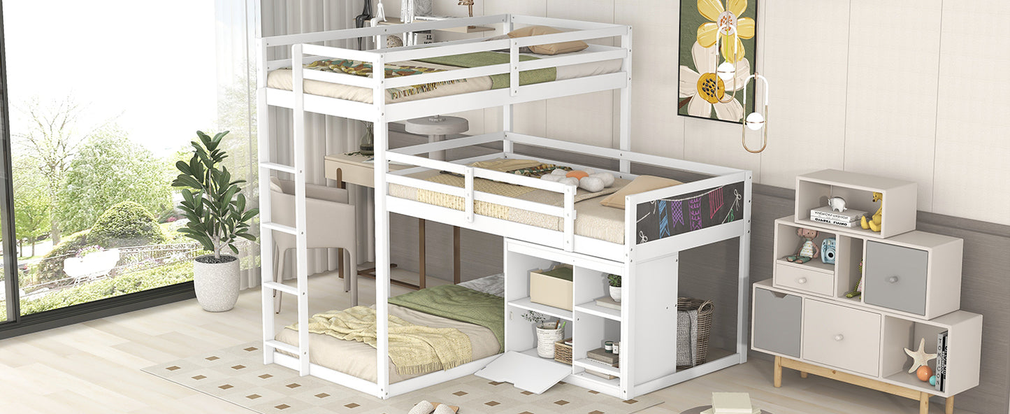 L-Shaped Triple Bunk Bed with Storage Cabinet, Blackboard, and White Finish - Innovative Space-Saving Solution