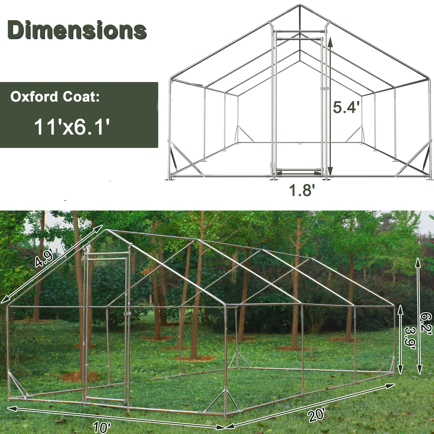 Large Metal Chicken Coop, Walk-in Chicken Run,Galvanized Wire Poultry Chicken Hen Pen Cage, Rabbits Duck Cages with Waterproof and Anti-Ultraviolet Cover for Outside(10' L x 20' W x 6.56' H)