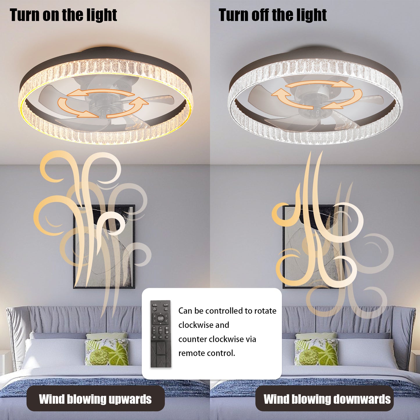 Modern Ring LED Chandelier Ceiling Fan with Remote Control for Bedroom and Living Room