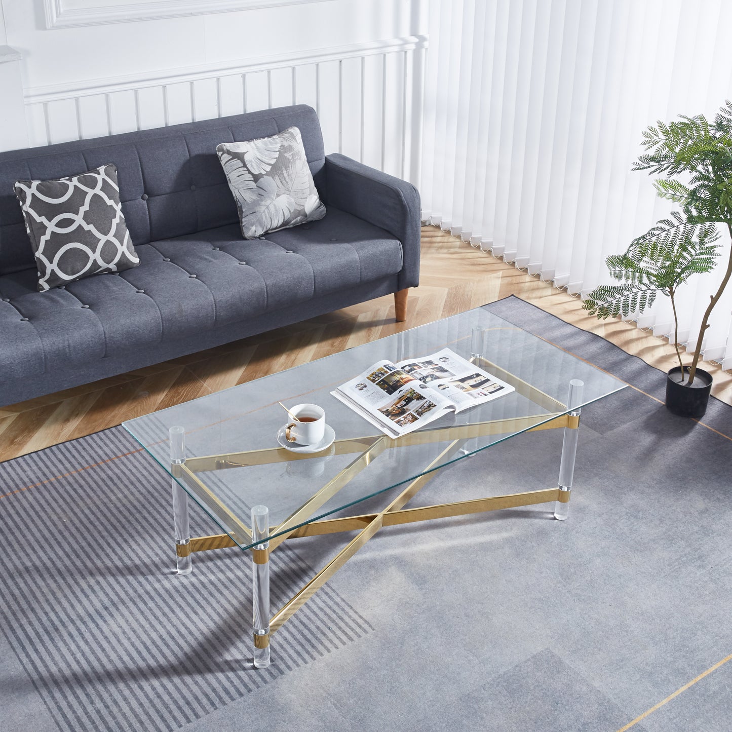 Gold Stainless Steel Coffee Table With Acrylic Frame and Clear Glass Top - Modern American Design (CS-1197)