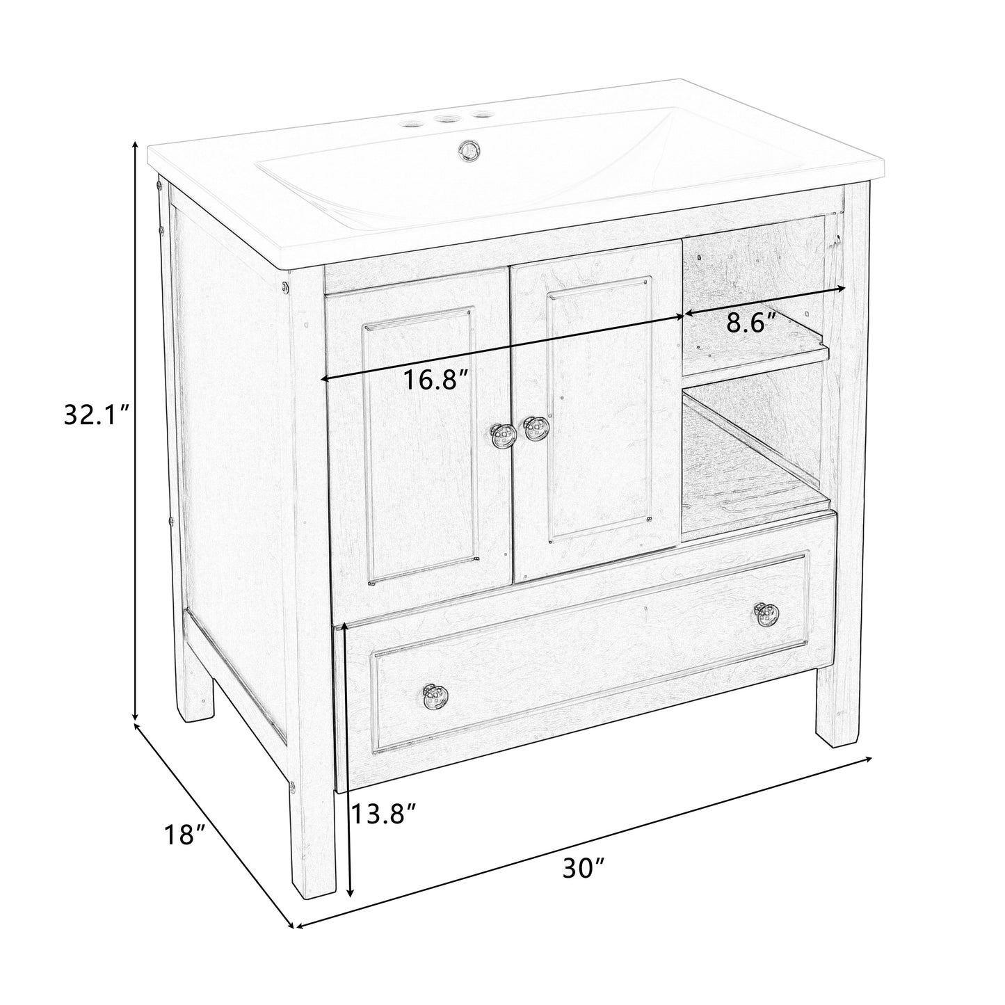 30" Bathroom Vanity with Sink, Bathroom Storage Cabinet with Doors and Drawers, Solid Wood Frame, Ceramic Sink, Brown