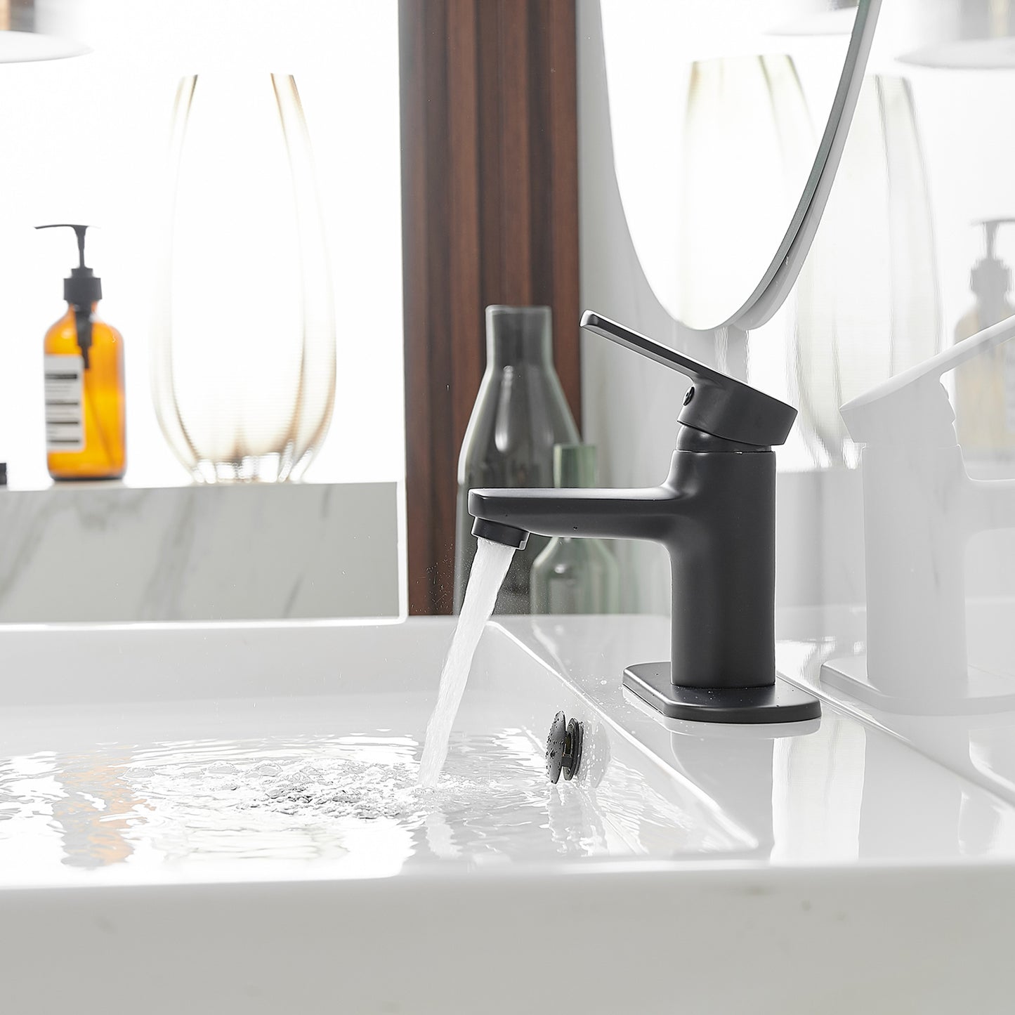 Modern Matte Black Single Handle Single Hole Low-Arc Bathroom Faucet with Supply Line