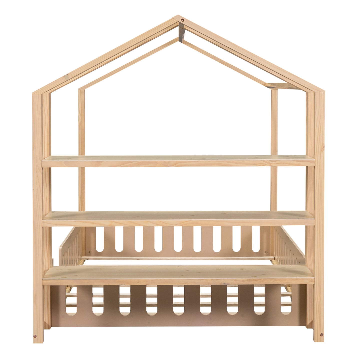 Full Size Wood House Bed with Fence and Detachable Storage Shelves, Natural (Expected Arrival Time: 1.7)