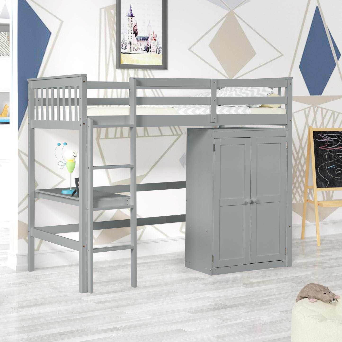 TWIN LOFT BED WITH DESK AND WARDROBE FOR GREY COLOR