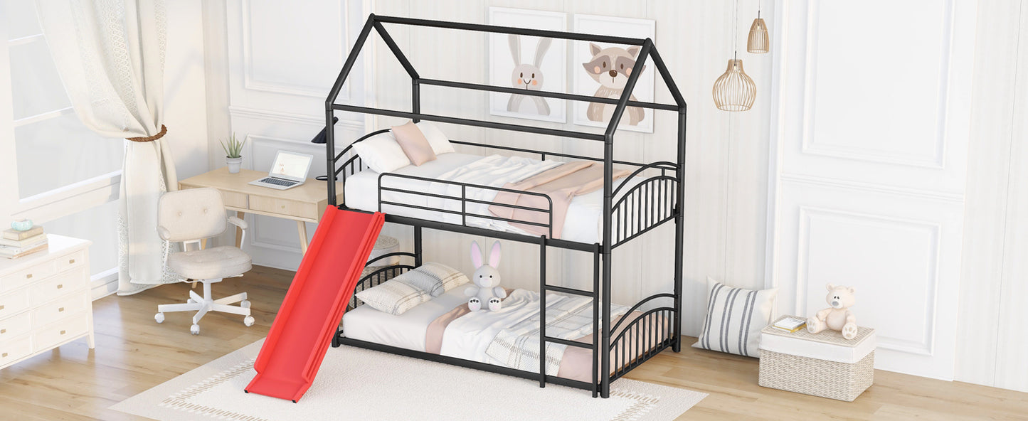 Whimsical Kids Slide Bunk Bed Twin Over Twin Black+Red