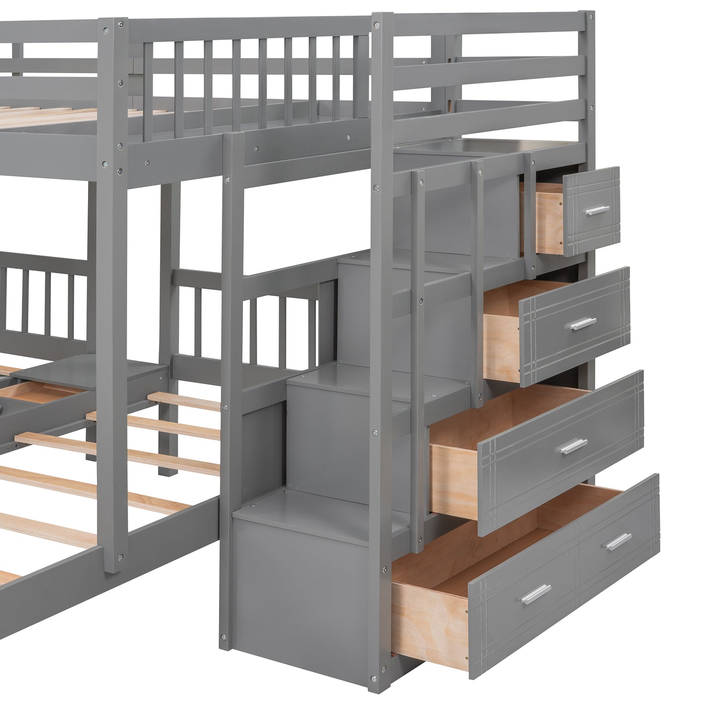 Triple Bunk Bed with Storage Drawers - Space-Saving Gray Design