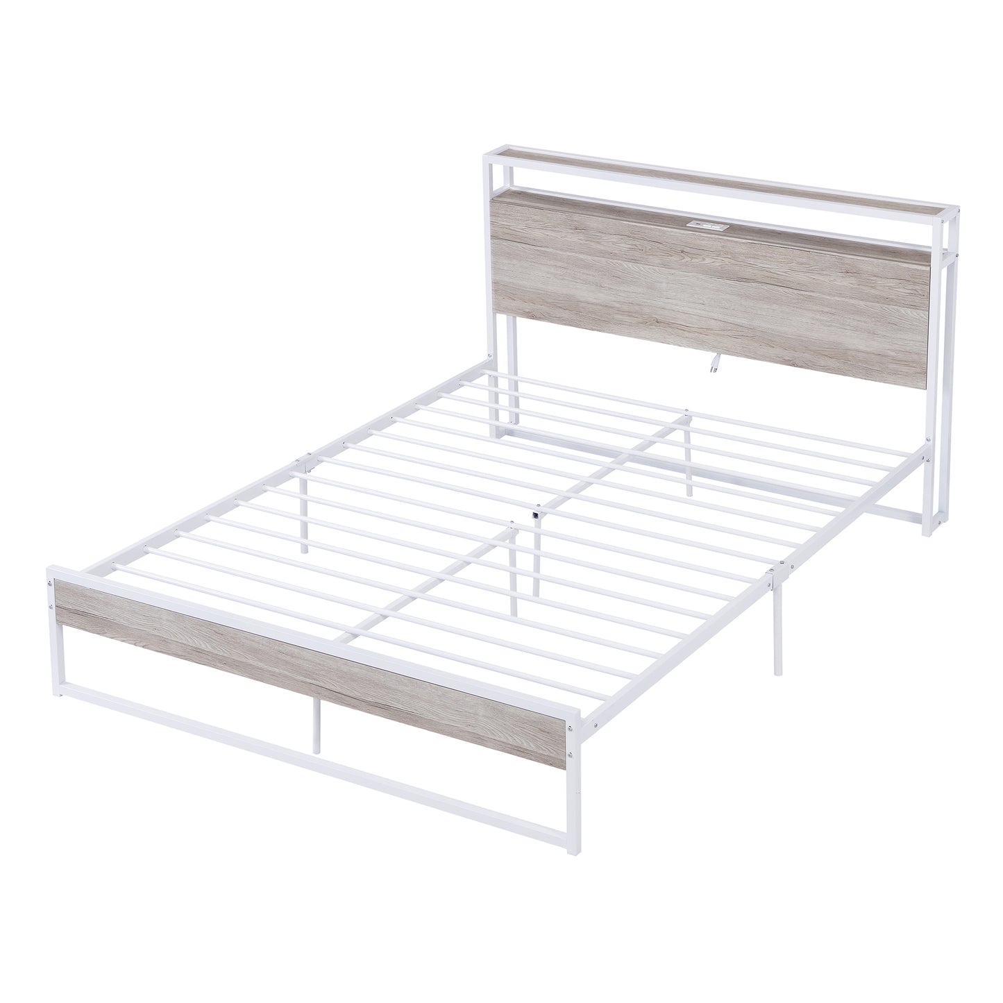 Queen Size Metal Platform Bed Frame with Sockets, USB Ports and Slat Support ,No Box Spring Needed White