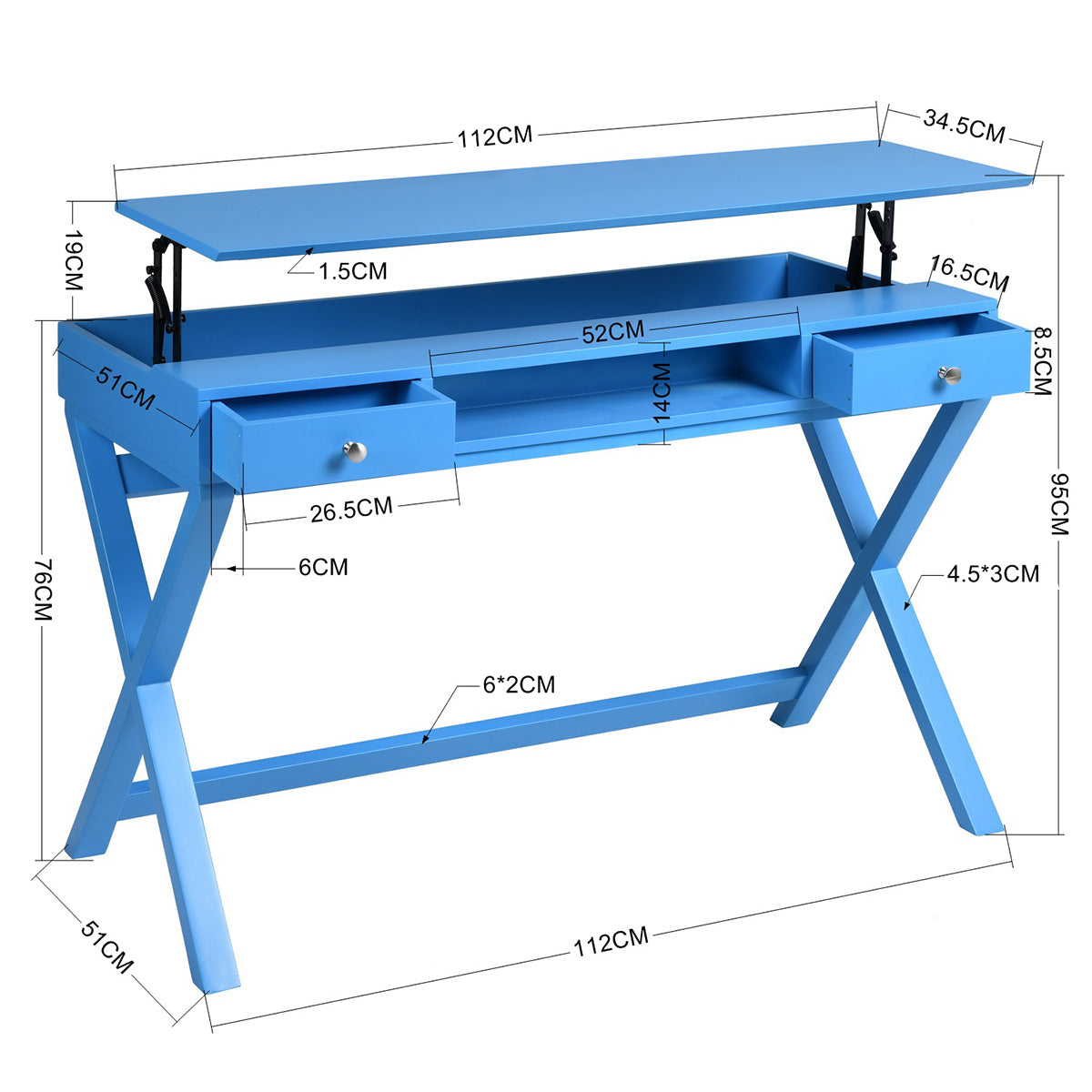 Height-Adjustable Blue Desk with 2 Drawers and Lift-Up Top