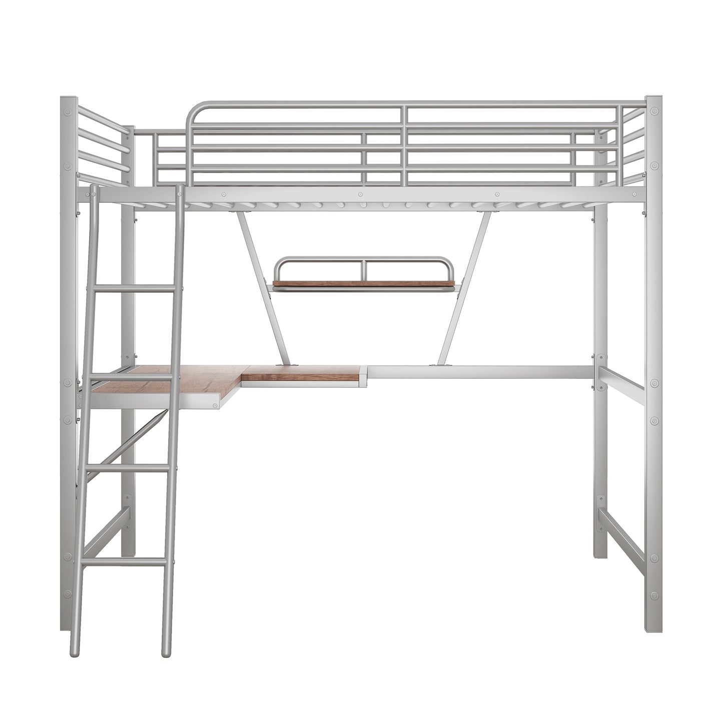 Full Size Loft Metal&MDF Bed with Desk and Shelf, Silver