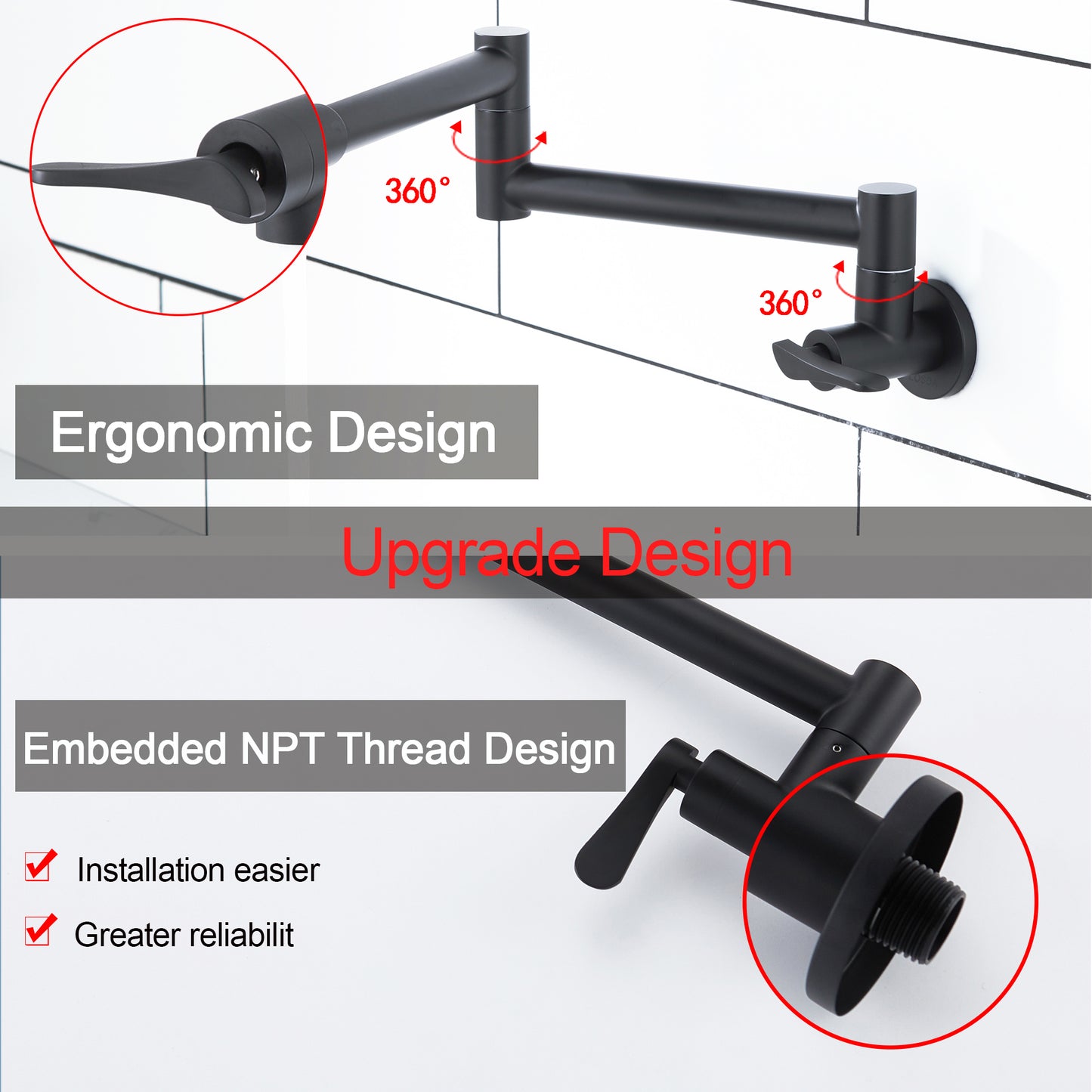 Pot Filler Faucet Wall-Mount for Kitchen Integrated Embedded NPT Thread Design Lead-Free Stainless Steel Faucet with 360° 2-Handle Folding Arms Rotatable Joints Commercial Kitchen Faucet Matte Black