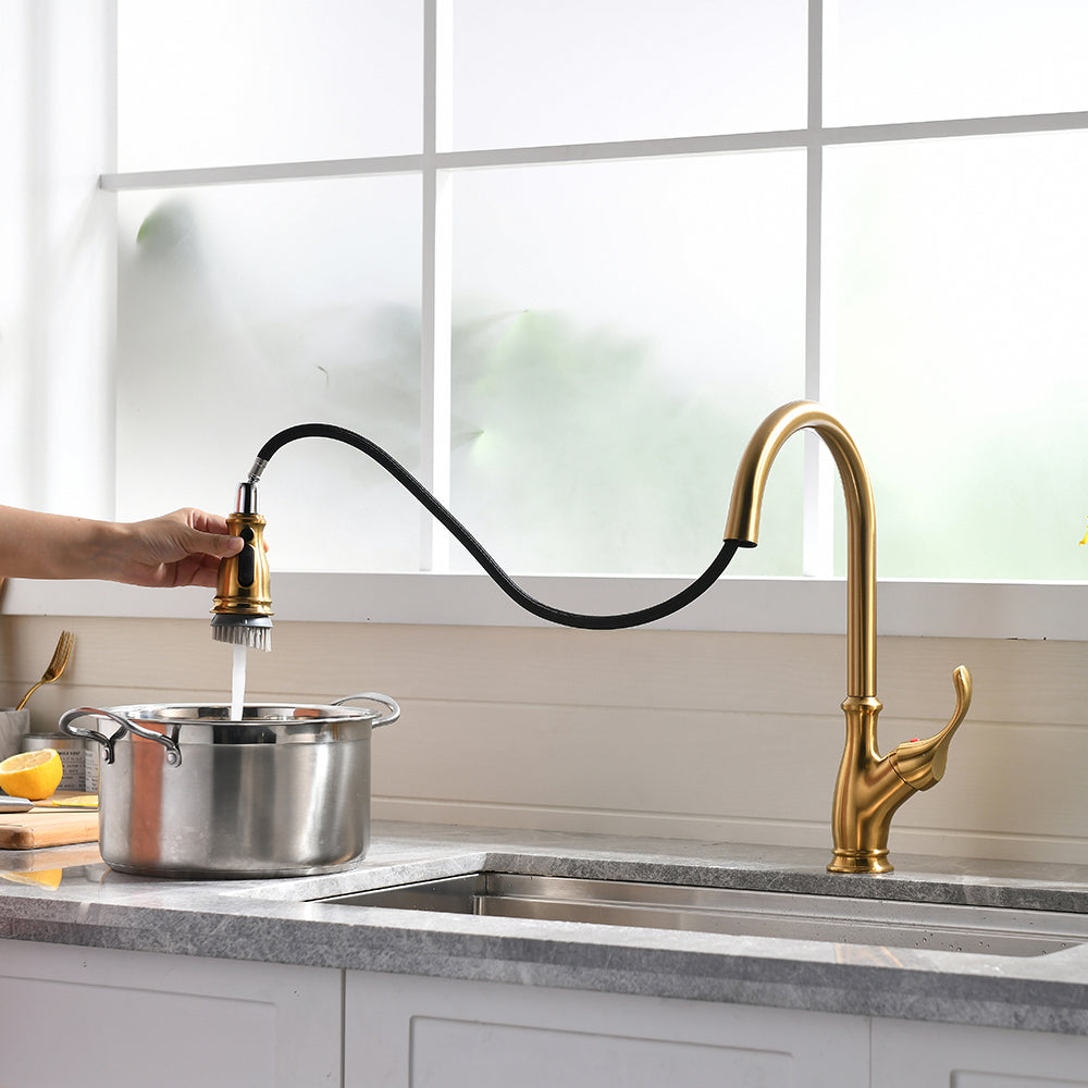 Gold Kitchen Faucet with Pull Down Sprayer Brushed Gold Single Handle 1 Hole High Arc Pull Out Kitchen Sink Faucets