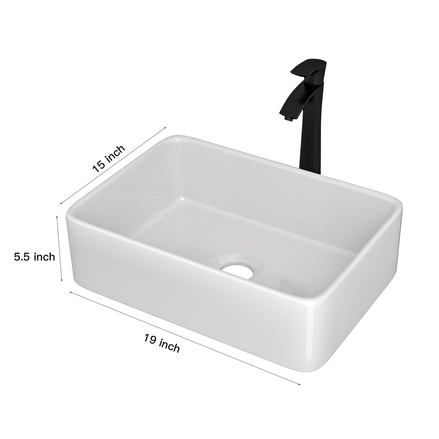 19"x15" Rectangle Bathroom Sink and Faucet Combo Modern Above White Porcelain Ceramic Vessel Vanity Sink Art Basin& Oil Rubber Bronze Single Lever Faucet Combo