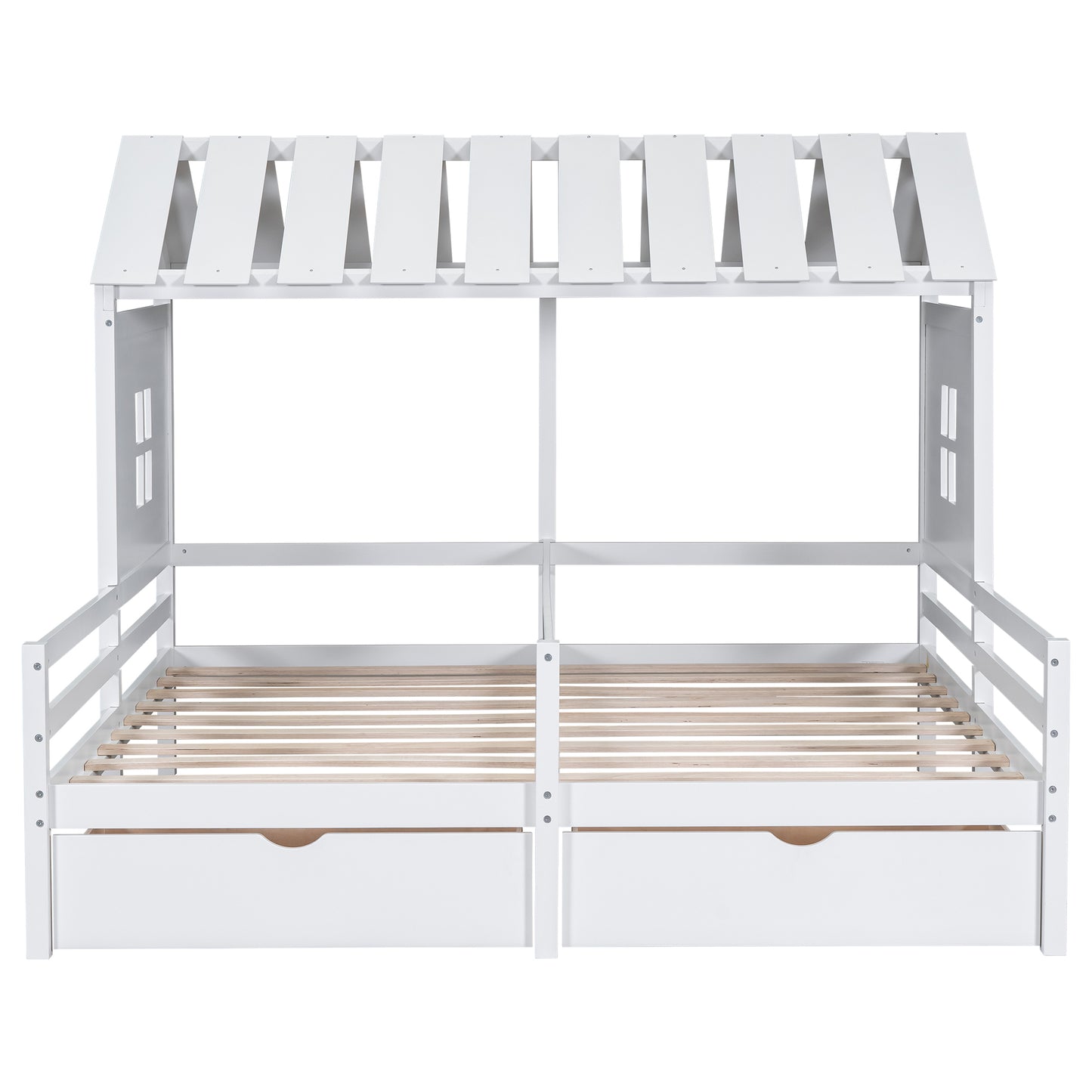 Twin Size House Platform Beds with Two Drawers for Boy and Girl Shared Beds, Combination of 2 Side by Side Twin Size Beds, White(: GX000927AAK)